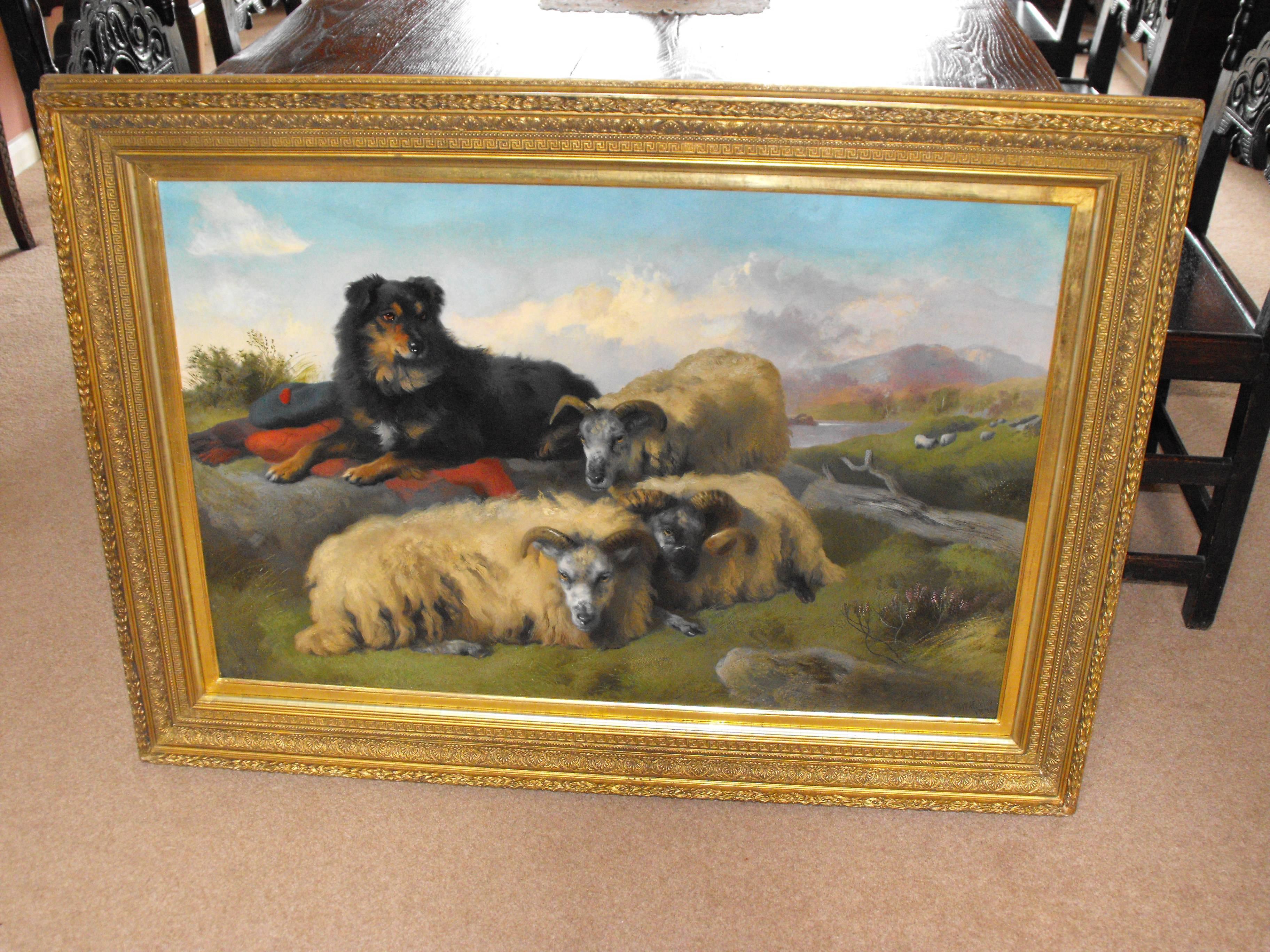 Antique Victorian oil painting landscape of sheep and sheep dog by Holgor 1870 - Painting by George William Horlor