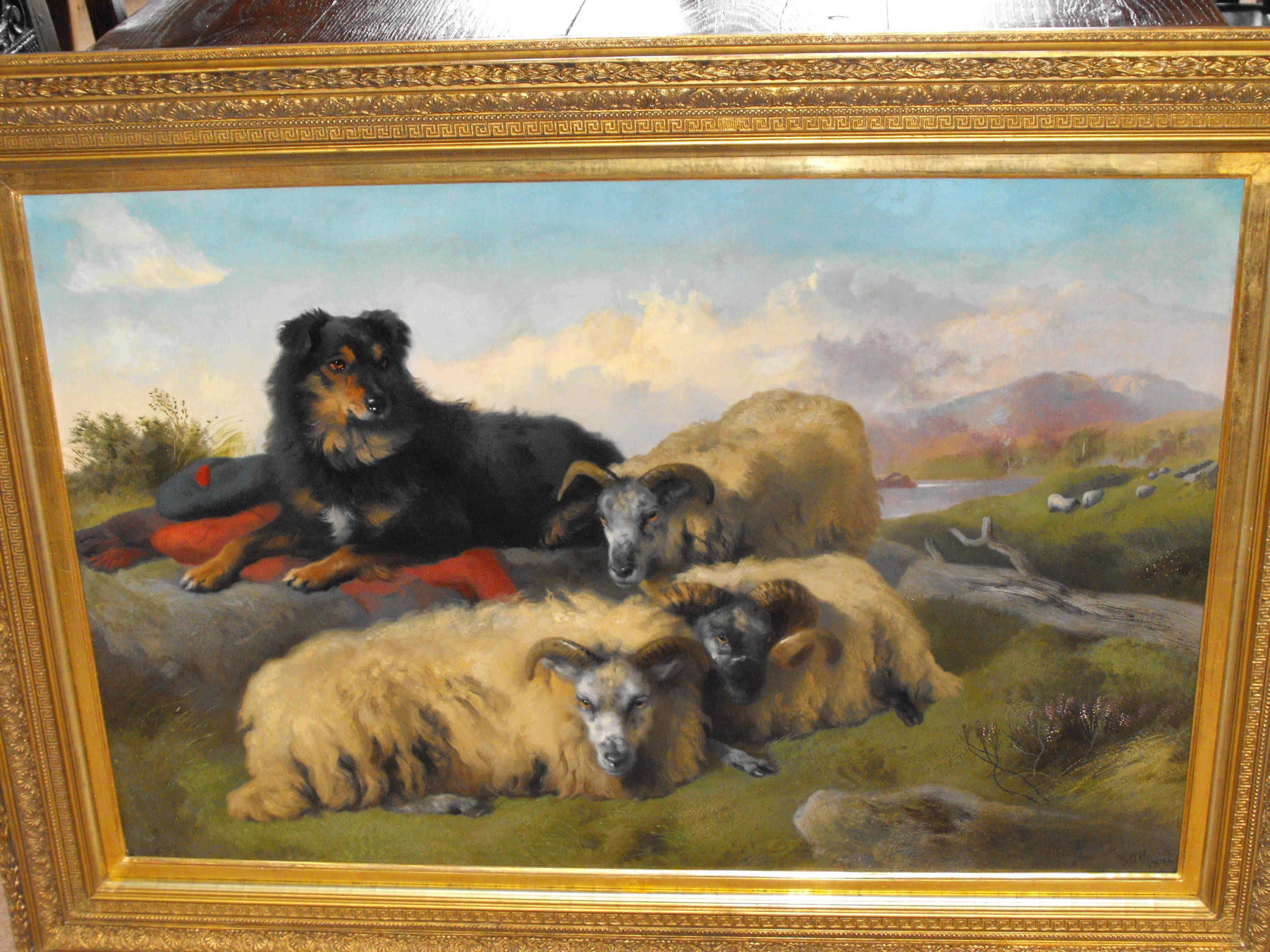 Antique Victorian oil painting landscape of sheep and sheep dog by Holgor 1870 - Brown Landscape Painting by George William Horlor