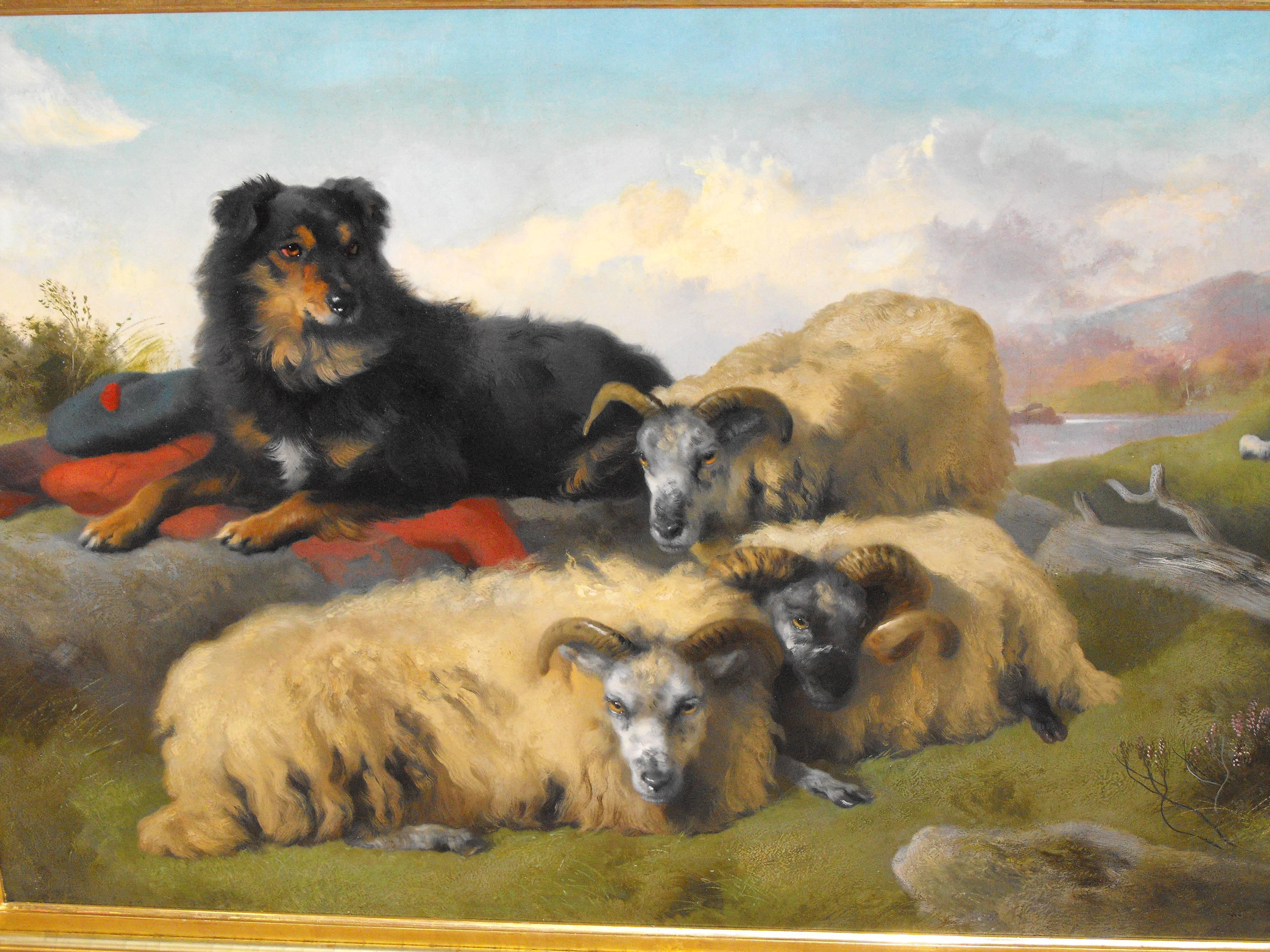 Antique Victorian oil painting landscape of sheep and sheep dog by Holgor 1870 For Sale 3