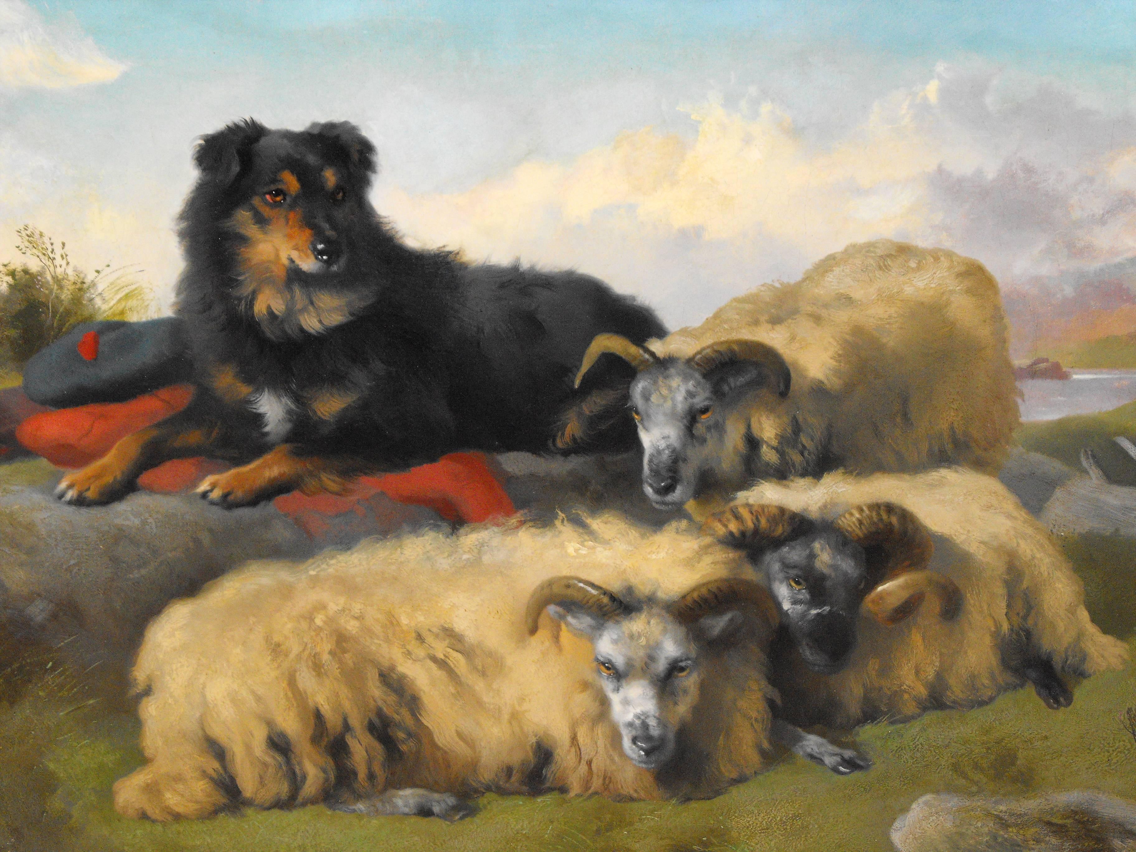 George William Horlor Landscape Painting - Antique Victorian oil painting landscape of sheep and sheep dog by Holgor 1870