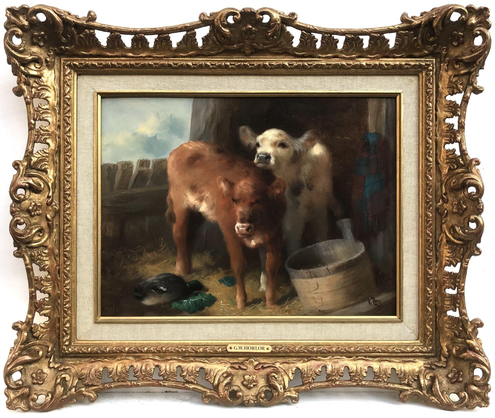 Animal Painting George William Horlor - Scène de grange, peinture à l'huile originale