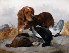 George William Horlor "Setter with Two Game Birds" 19th Century Oil Painting