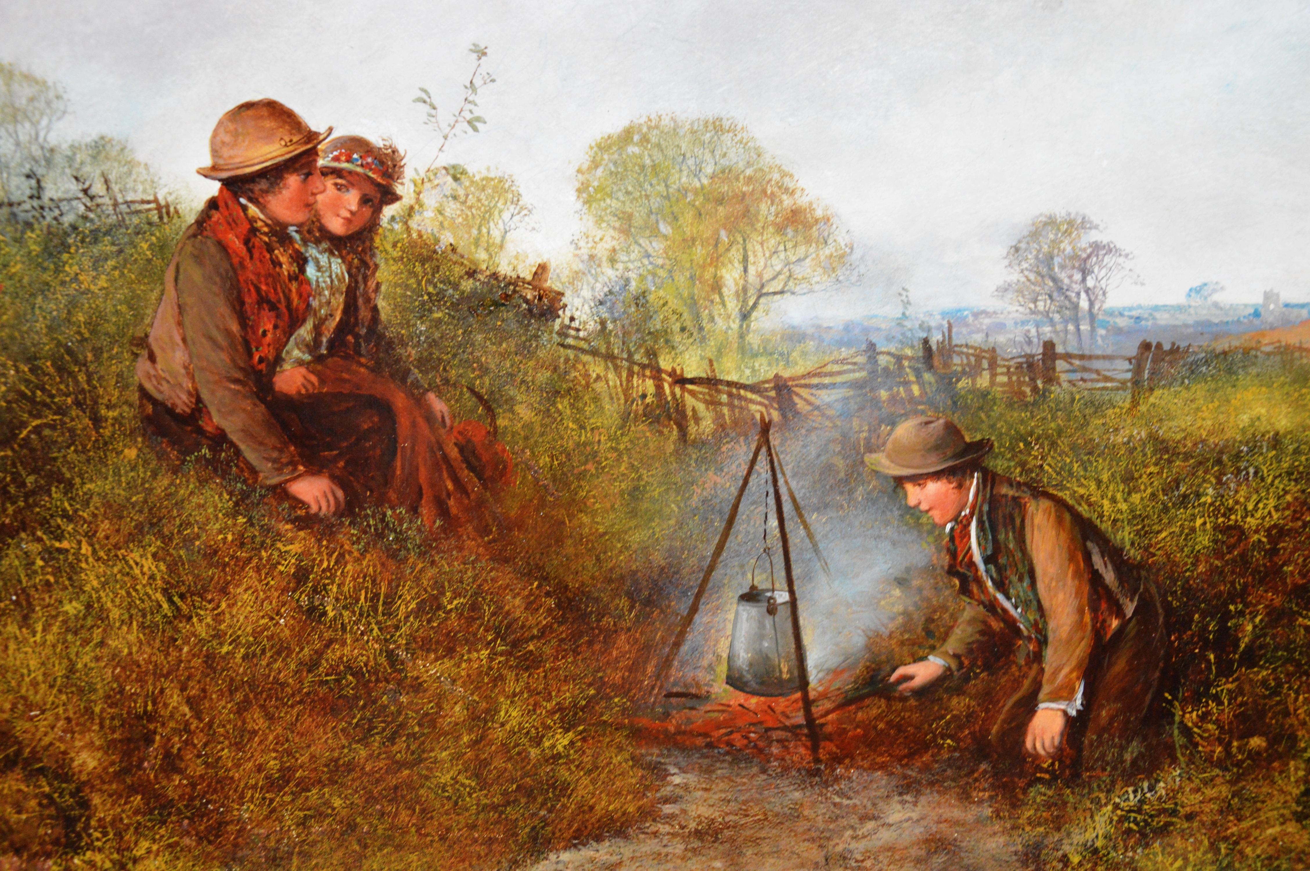 This is a large fine 19th century summer landscape oil on canvas depicting two boys and a girl cooking up an outdoor supper by the celebrated Royal Academy artist George William Mote (1832-1909). ‘Children on the Common’ is signed by the artist’s