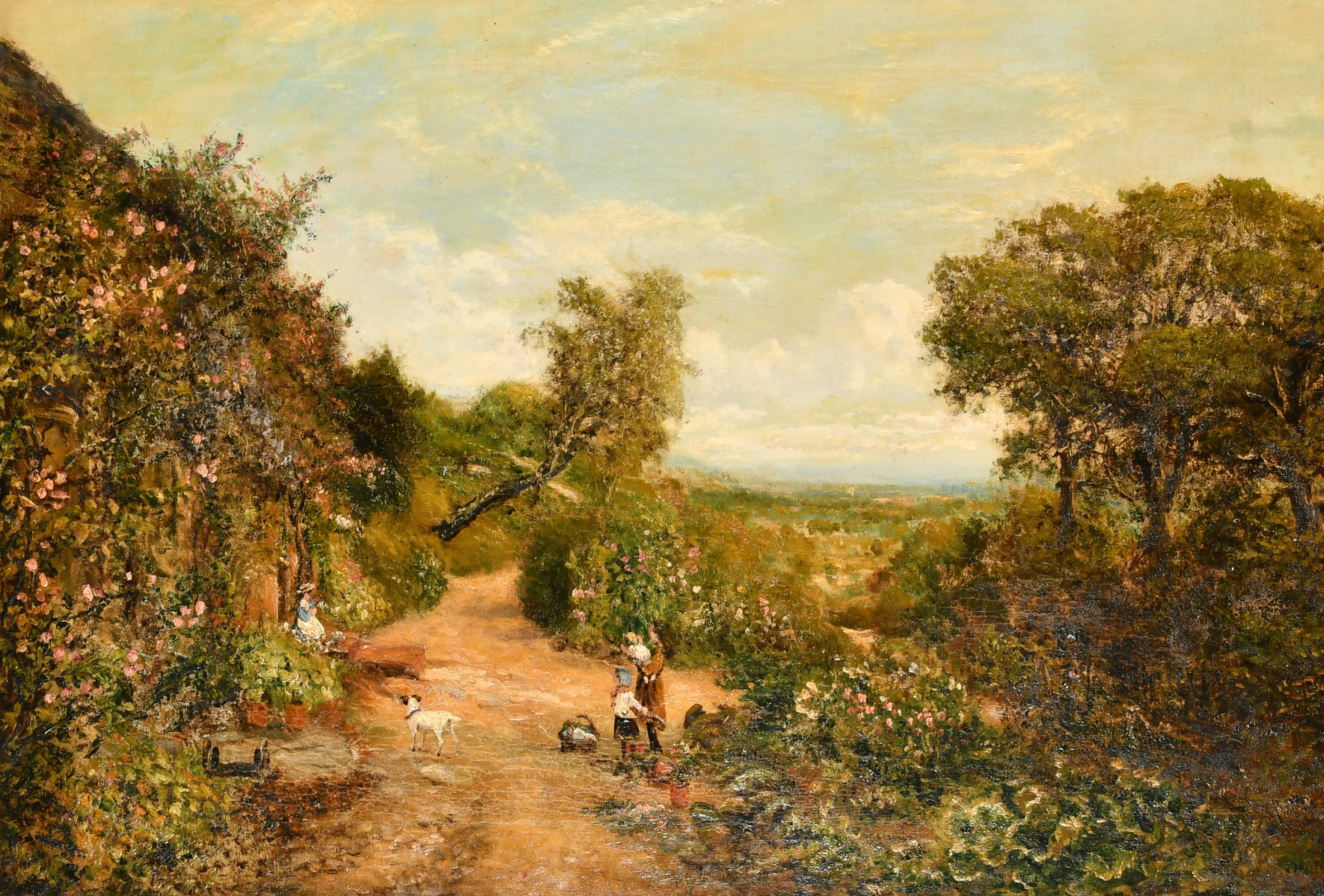 Belle peinture à l'huile victorienne britannique d'un cottage de campagne avec chien