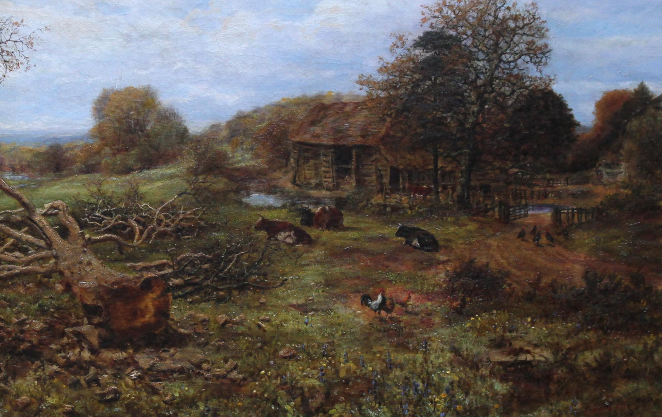This charming Victorian landscape oil painting is by noted prolific exhibited British artist George William Mote. Mote was very fond of painting landscapes in Surrey and this is a particularly fine example of his work with cattle and chickens in a