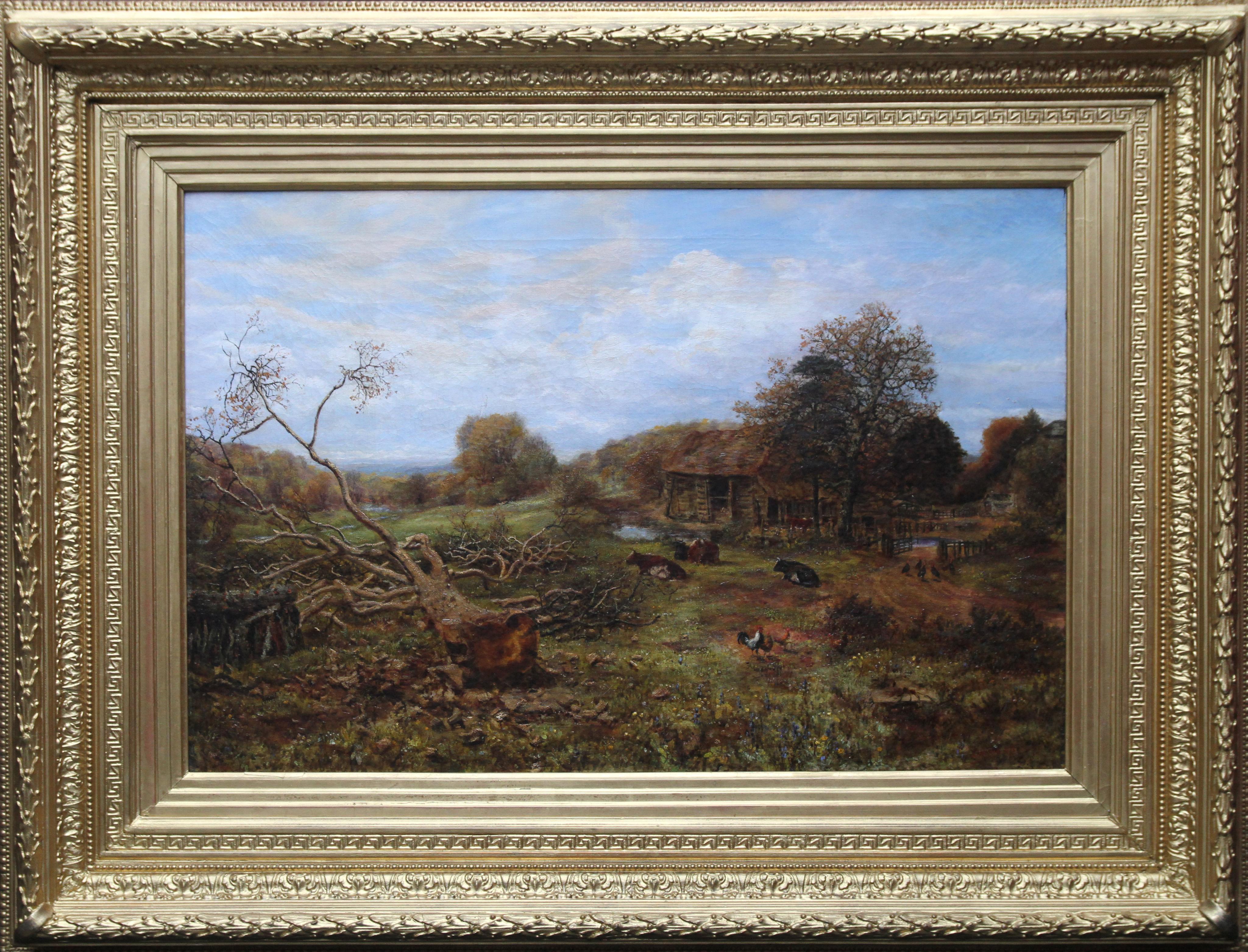 Landscape Painting George William Mote - Paysage avec bétail - Surrey - Art victorien britannique Peinture à l'huile du 19e siècle