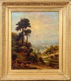 Large 19th century Victorian oil landscape - Countryside Sunset - 1887