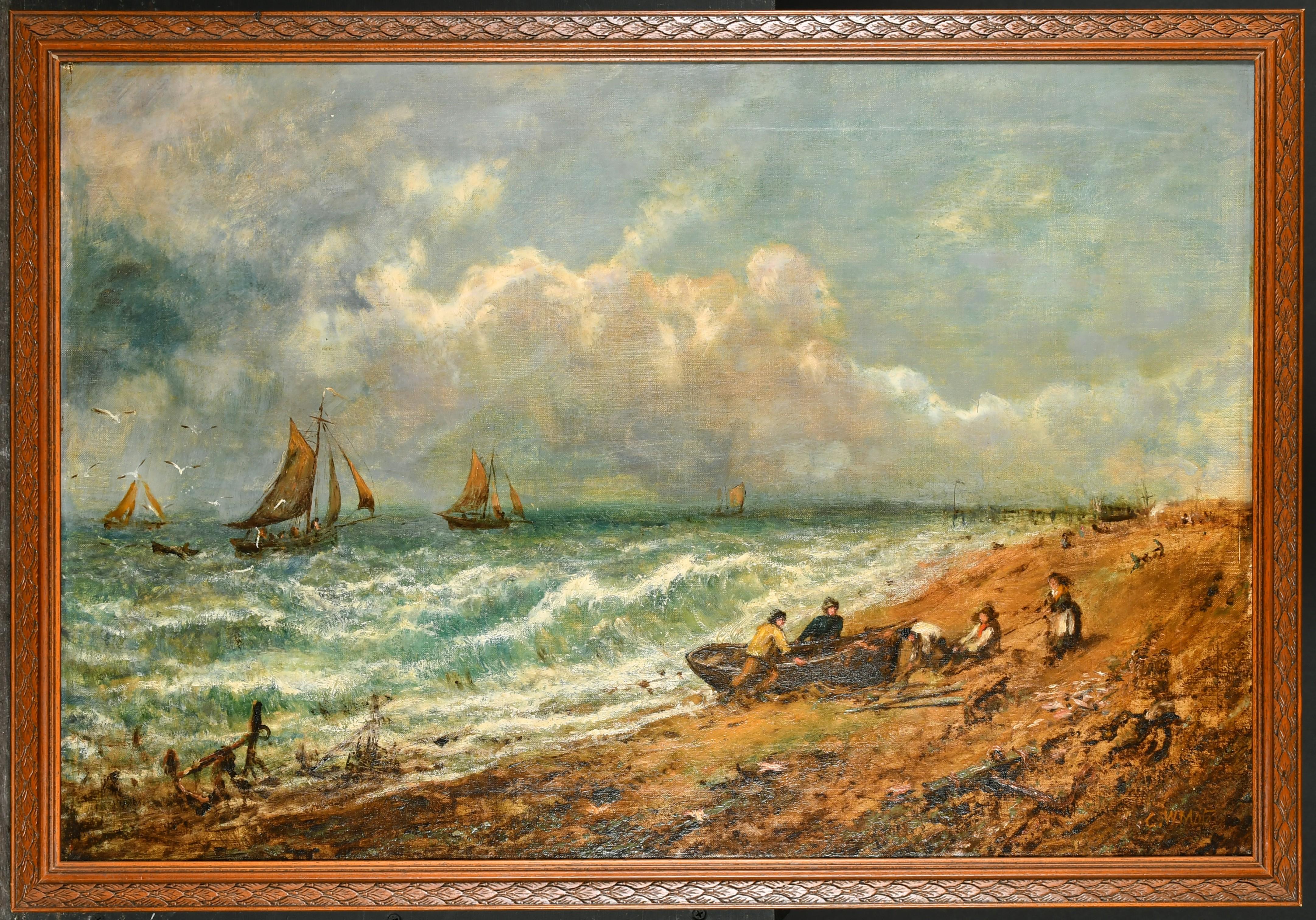A Beach Scene With Figures
George William Mote (1832-1909) British, signed
oil painting on canvas, framed
framed: 25 x 28 inches
canvas: 22 x 27 inches 
provenance: private collection, England
condition: very good and sound condition