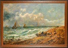 Großes viktorianisches Ölgemälde Fischer auf Windwept Strand Mohnblumen Meer und Himmel