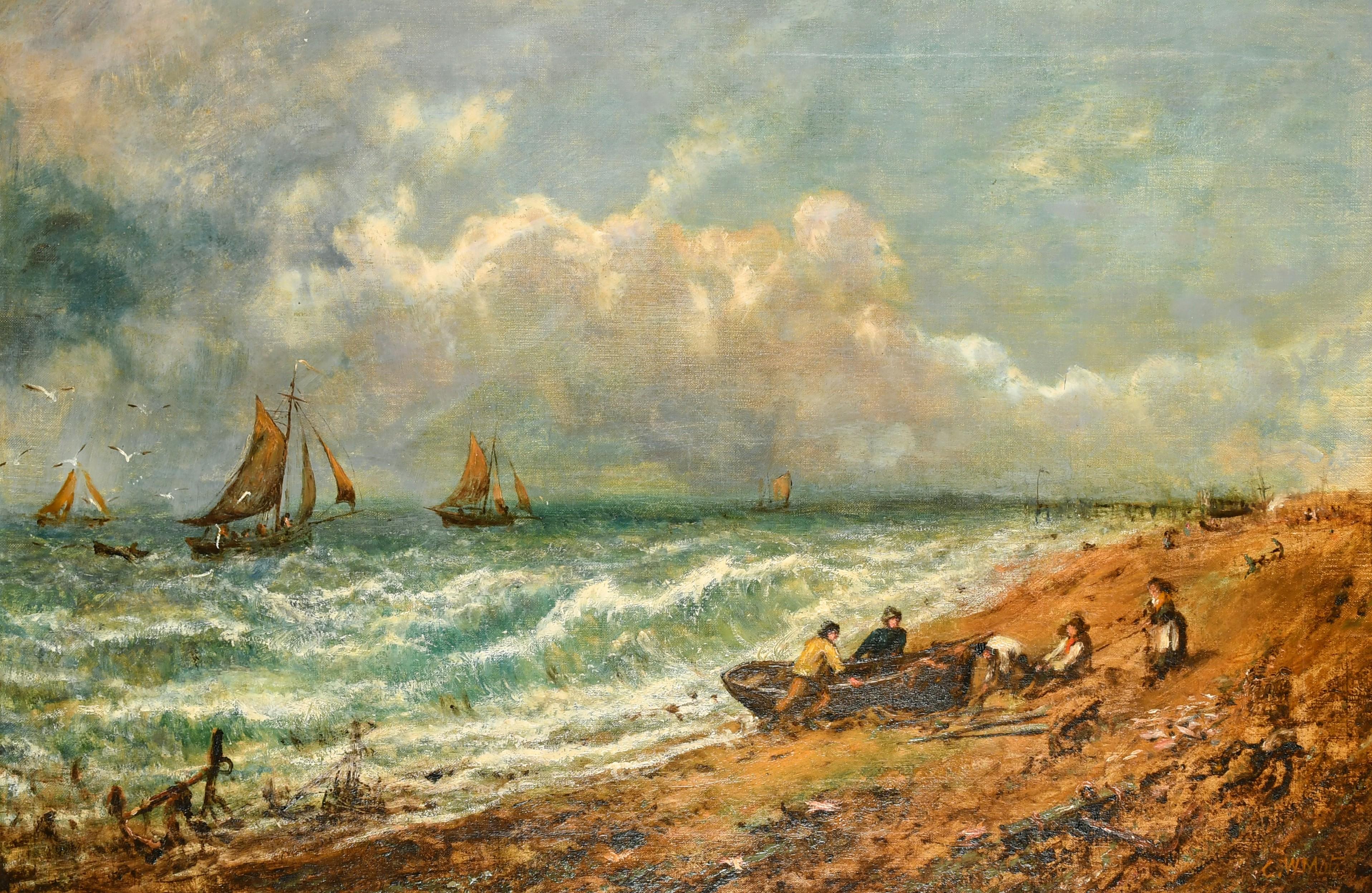 George William Mote Landscape Painting - Large Victorian Oil Painting Fisherfolk on Windswept Beach Choppy Seas & Sky