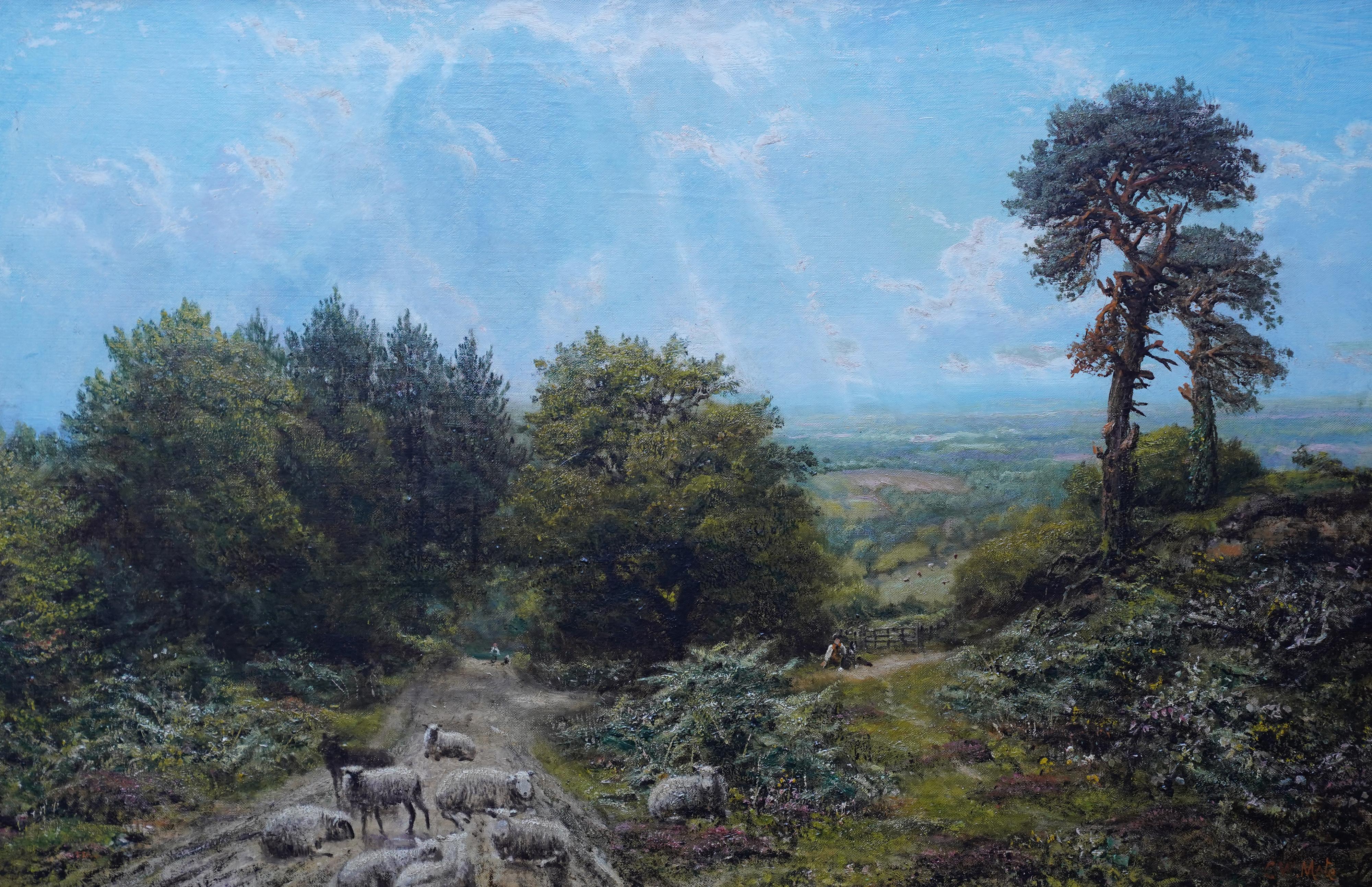 Paysage de moutons dans un paysage du Surrey - Peinture à l'huile d'art victorien britannique ensoleillé - Painting de George William Mote