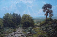 Schafe in einer Landschaft aus Surrey – britisches viktorianisches Ölgemälde in sonniger Landschaft