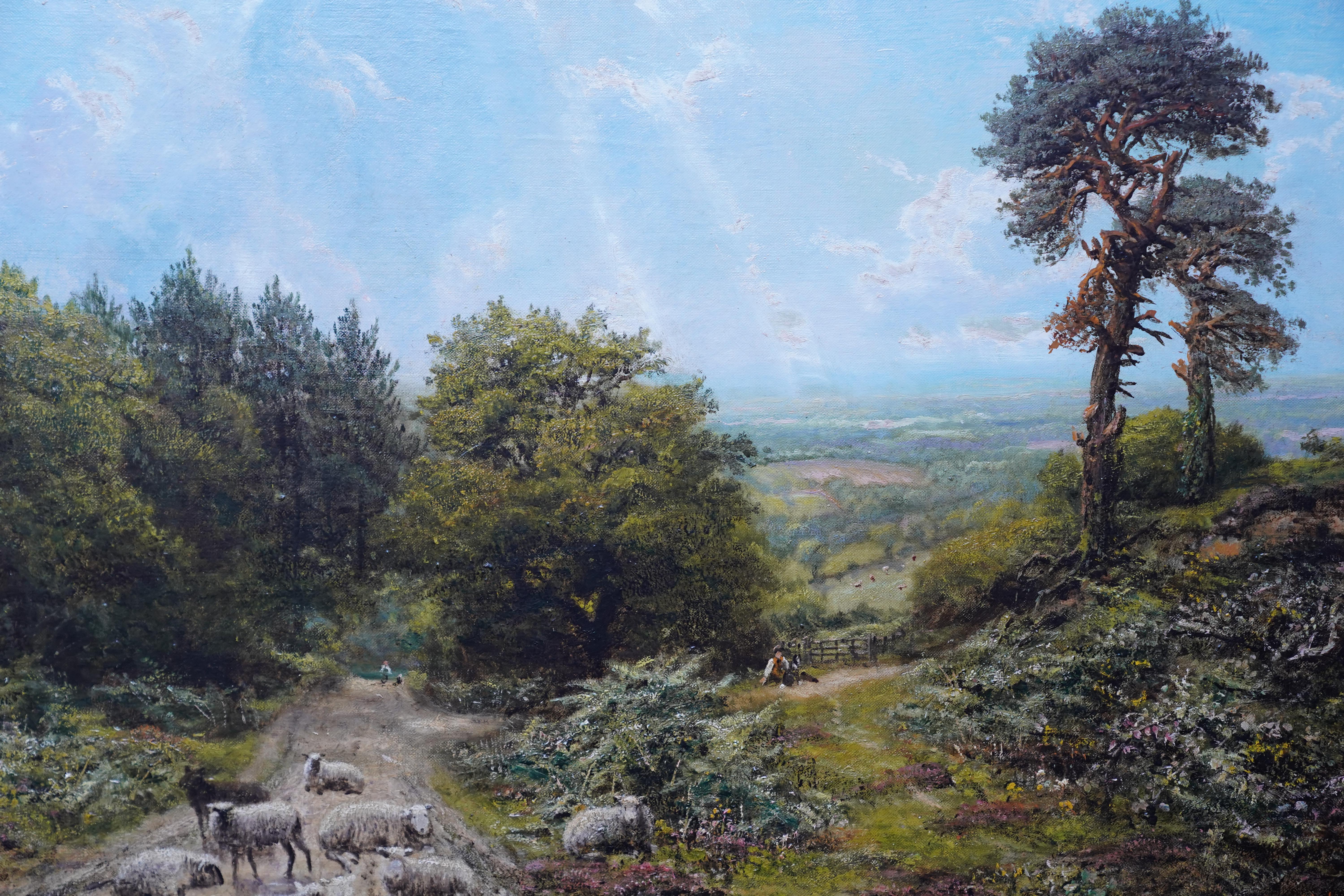 Sheep in a Surrey Landscape - British Victorian art sunny landscape oil painting - Realist Painting by George William Mote