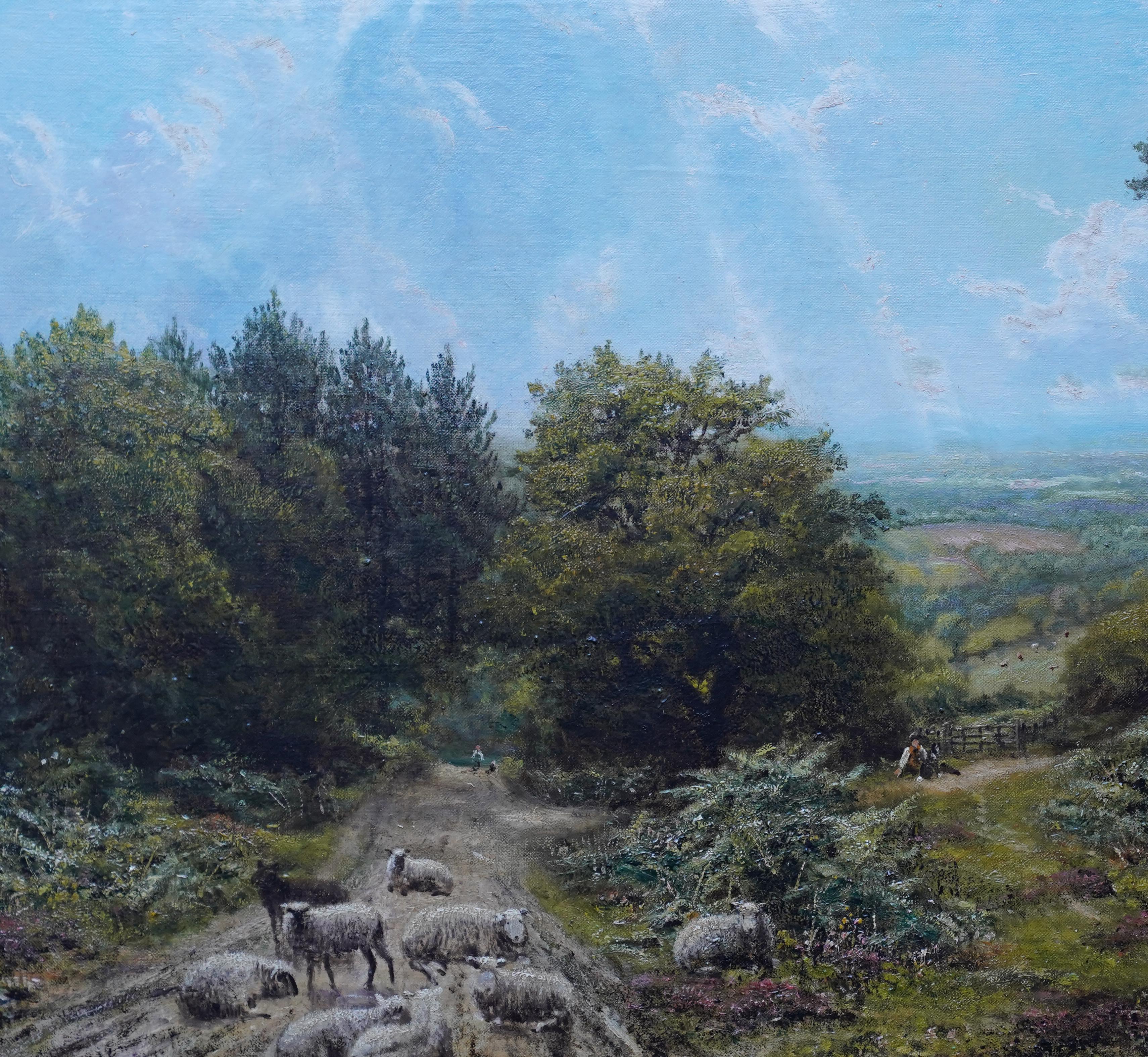 This lovely Surrey landscape oil painting is by noted British exhibited artist George William Mote. Painted circa 1870, the composition is a landscape with a stunning view into the distance on the right. In the foreground, a group of sheep rest on