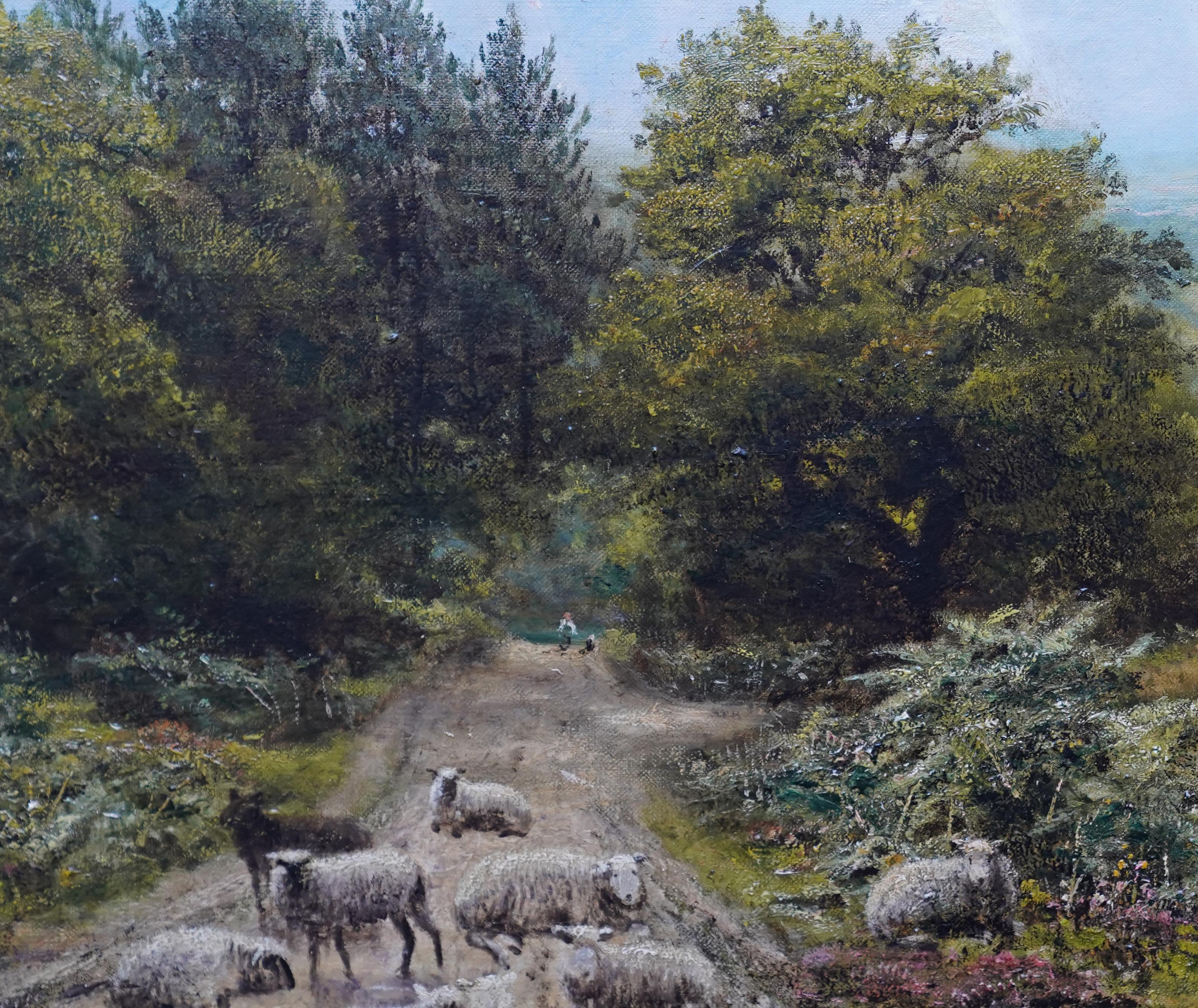 Schafe in einer Landschaft aus Surrey – britisches viktorianisches Ölgemälde in sonniger Landschaft im Angebot 1