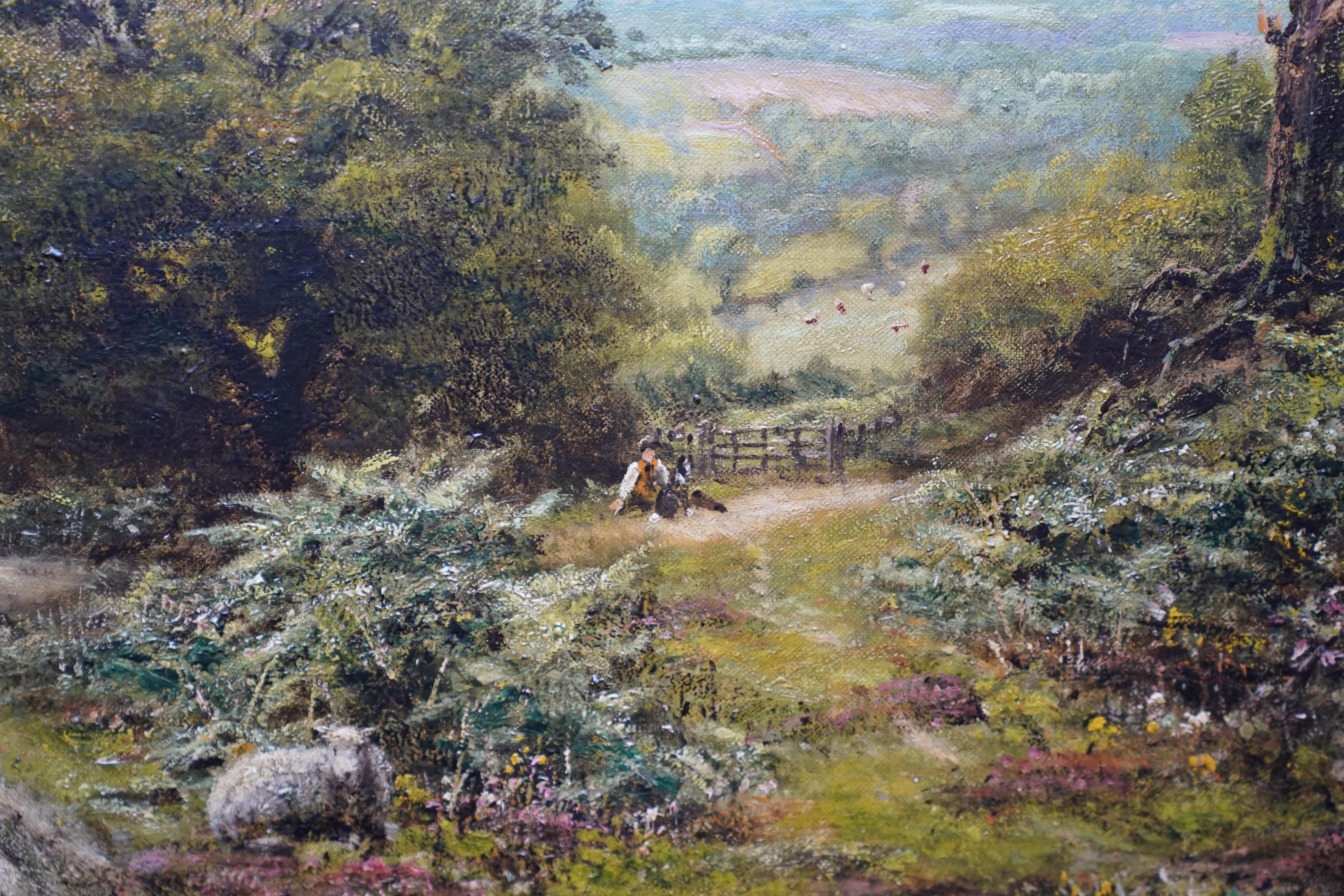 Schafe in einer Landschaft aus Surrey – britisches viktorianisches Ölgemälde in sonniger Landschaft im Angebot 2