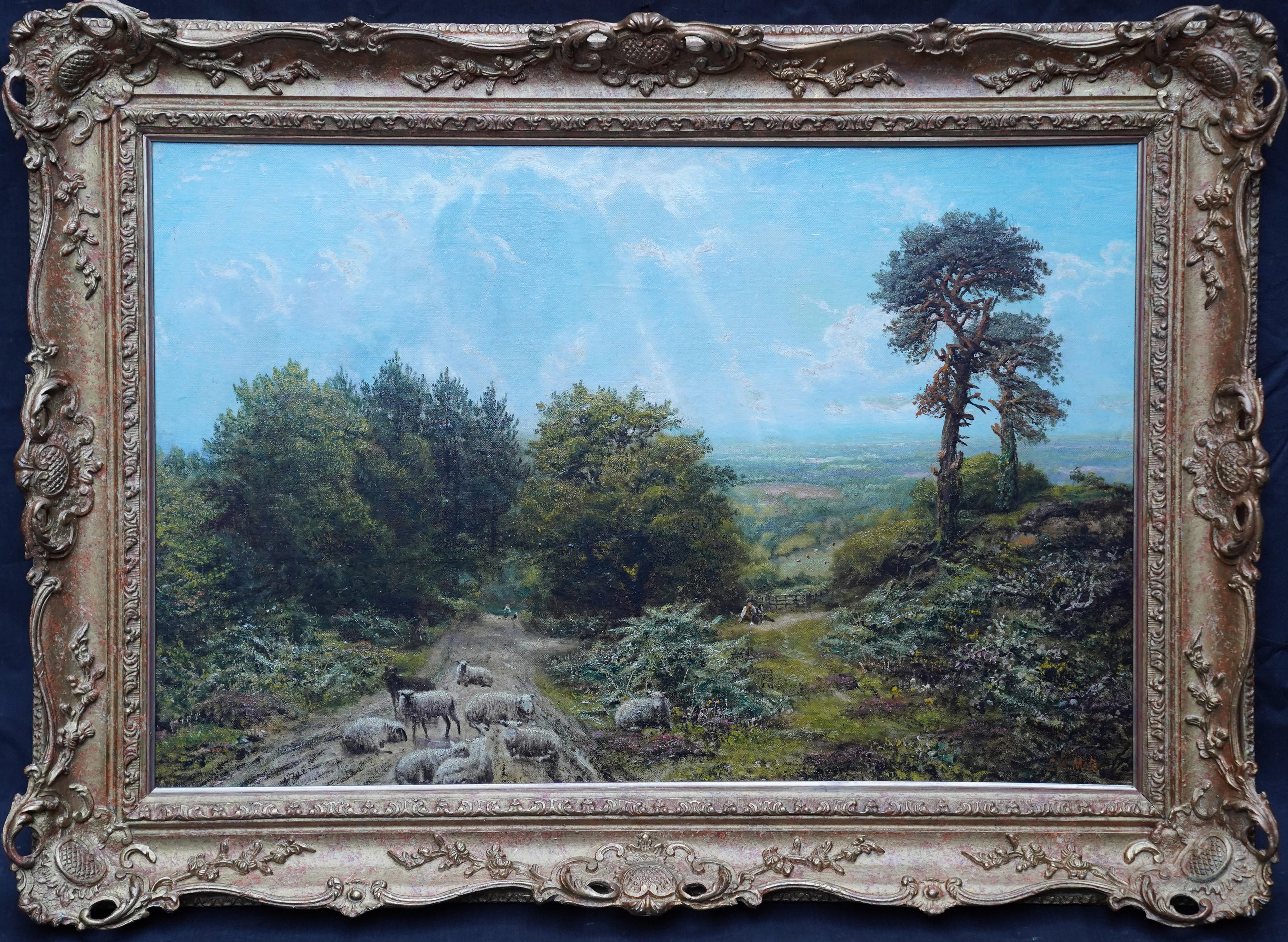 George William Mote Animal Painting - Sheep in a Surrey Landscape - British Victorian art sunny landscape oil painting