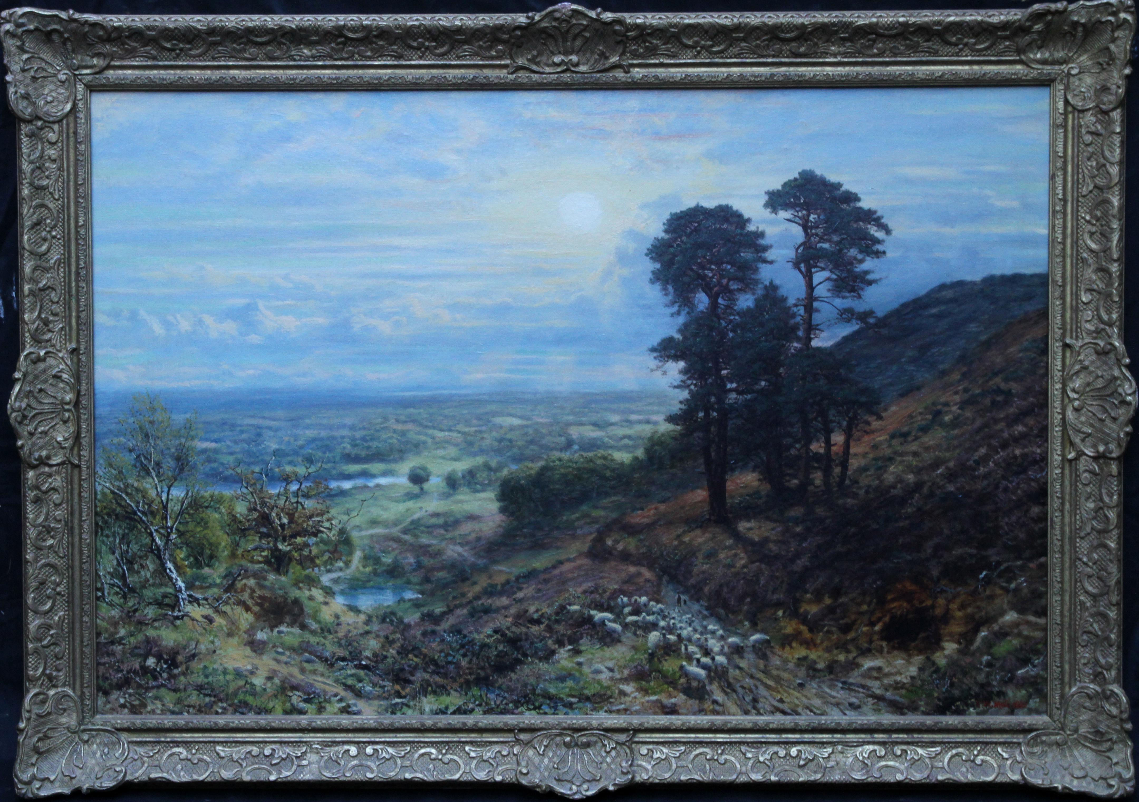 George William Mote Landscape Painting - Sunset View from Coneyhurst Hill, Surrey - British 19thC landscape oil painting
