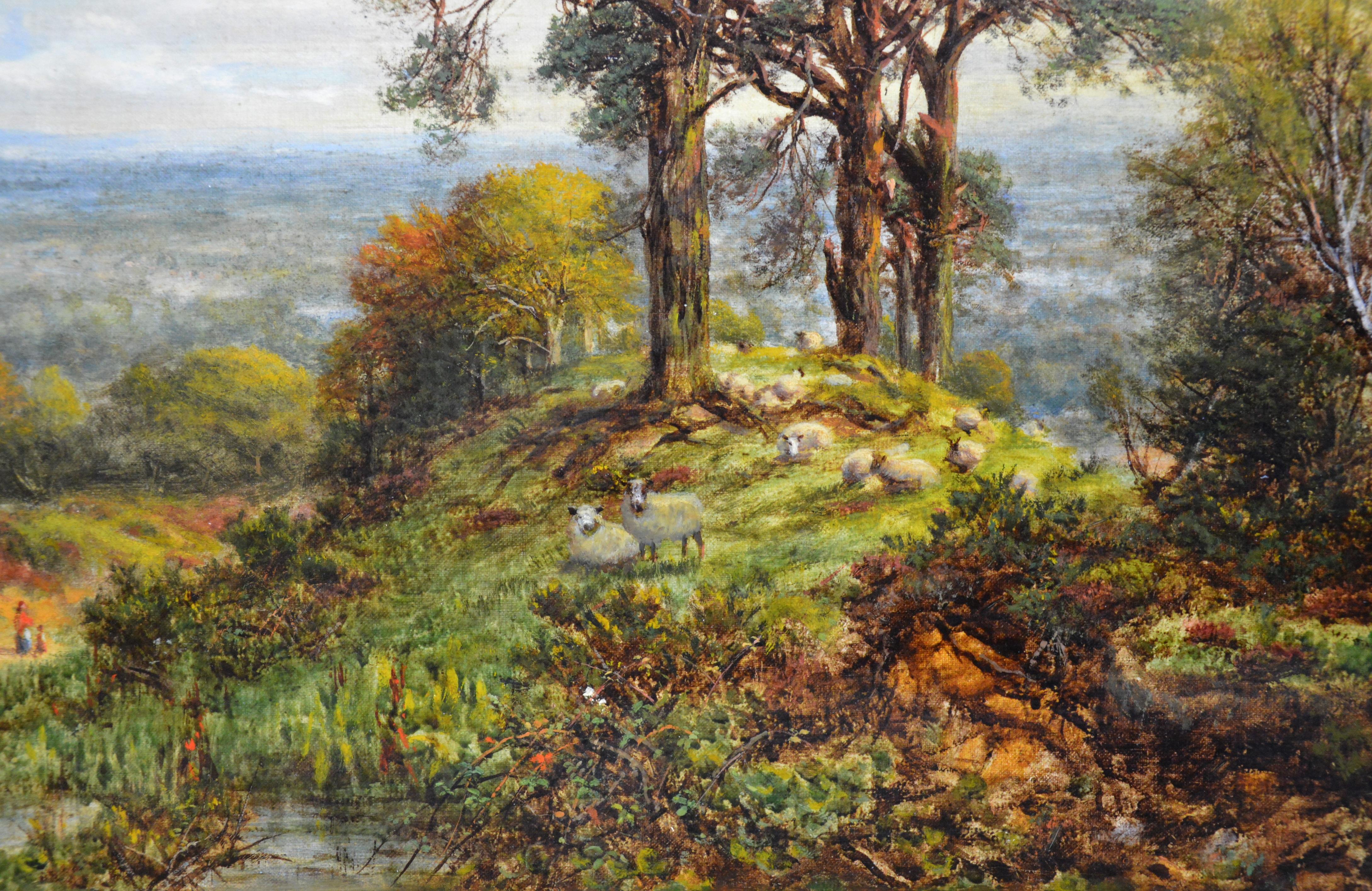 This is a large fine 19th century summer landscape oil on canvas depicting a small family, cattle, and sheep in an extensive ‘View from the Surrey Hills’ by the renowned Royal Academy artist George William Mote (1832-1909). The painting is signed by