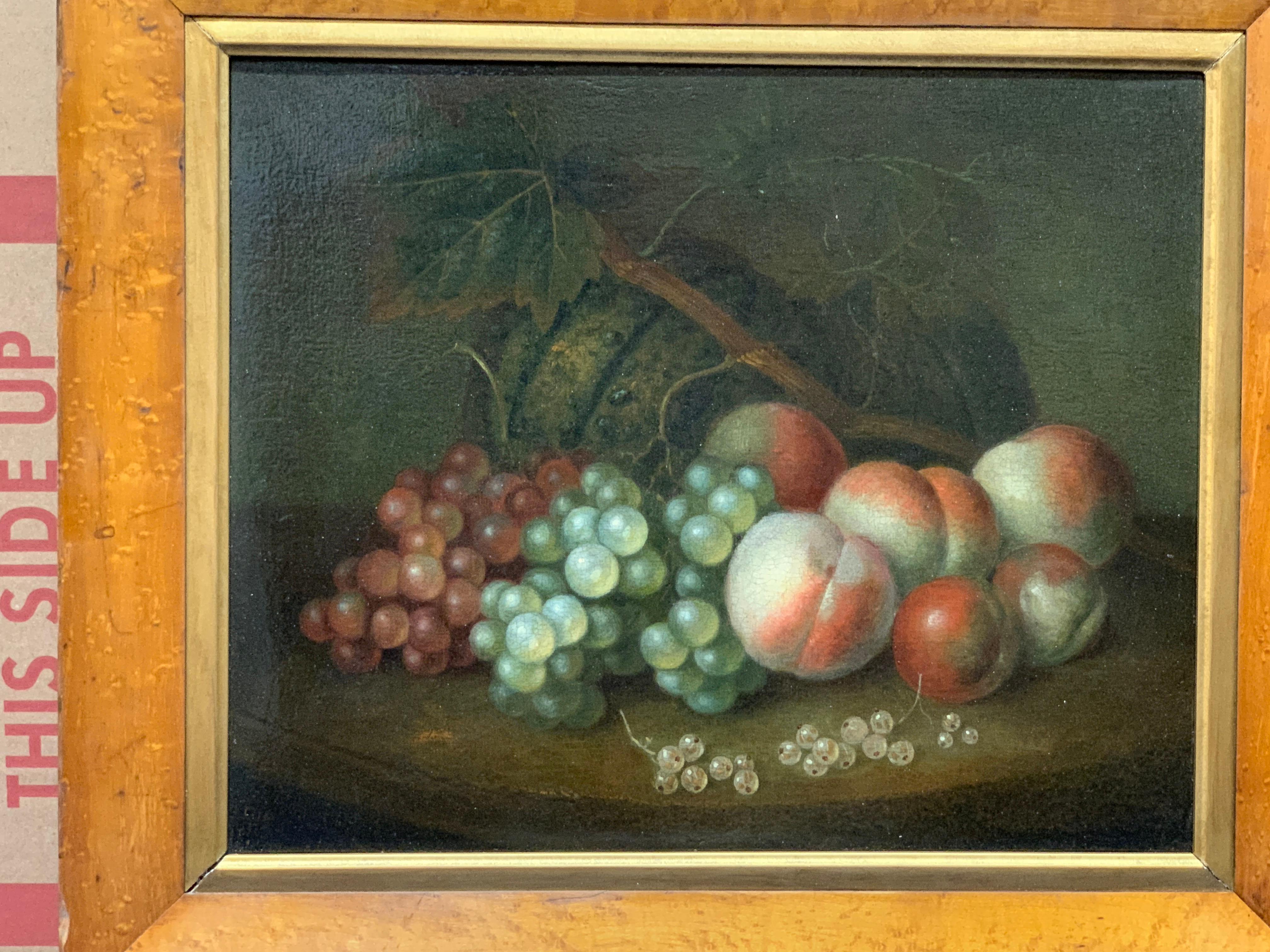 Early 19th century English Antique Still life of peaches, grapes, melon outdoors - Painting by George William Sartorius