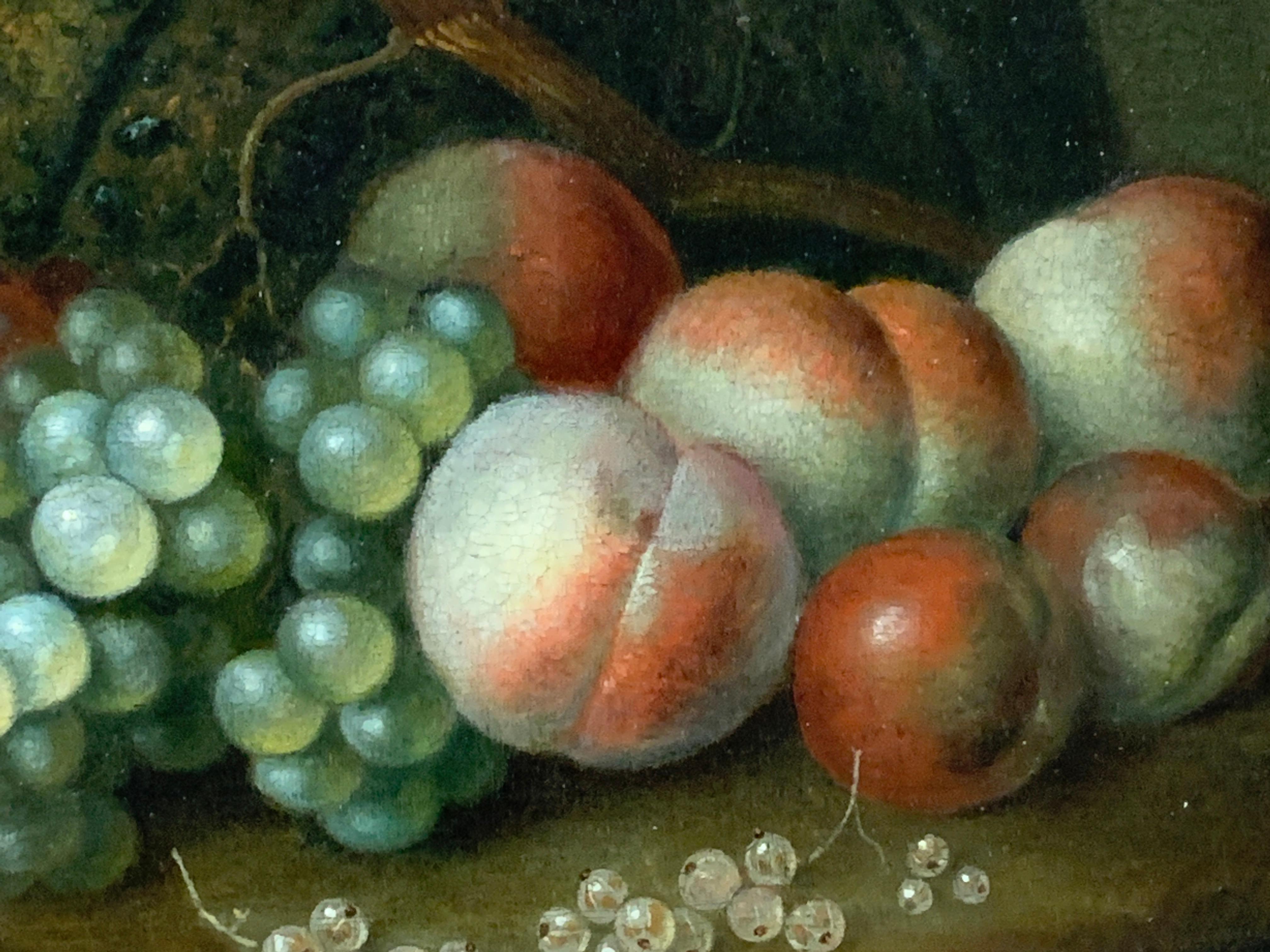 Englisches antikes Stillleben aus dem frühen 19. Jahrhundert mit Blättern, Trauben und Melone im Freien (Braun), Figurative Painting, von George William Sartorius