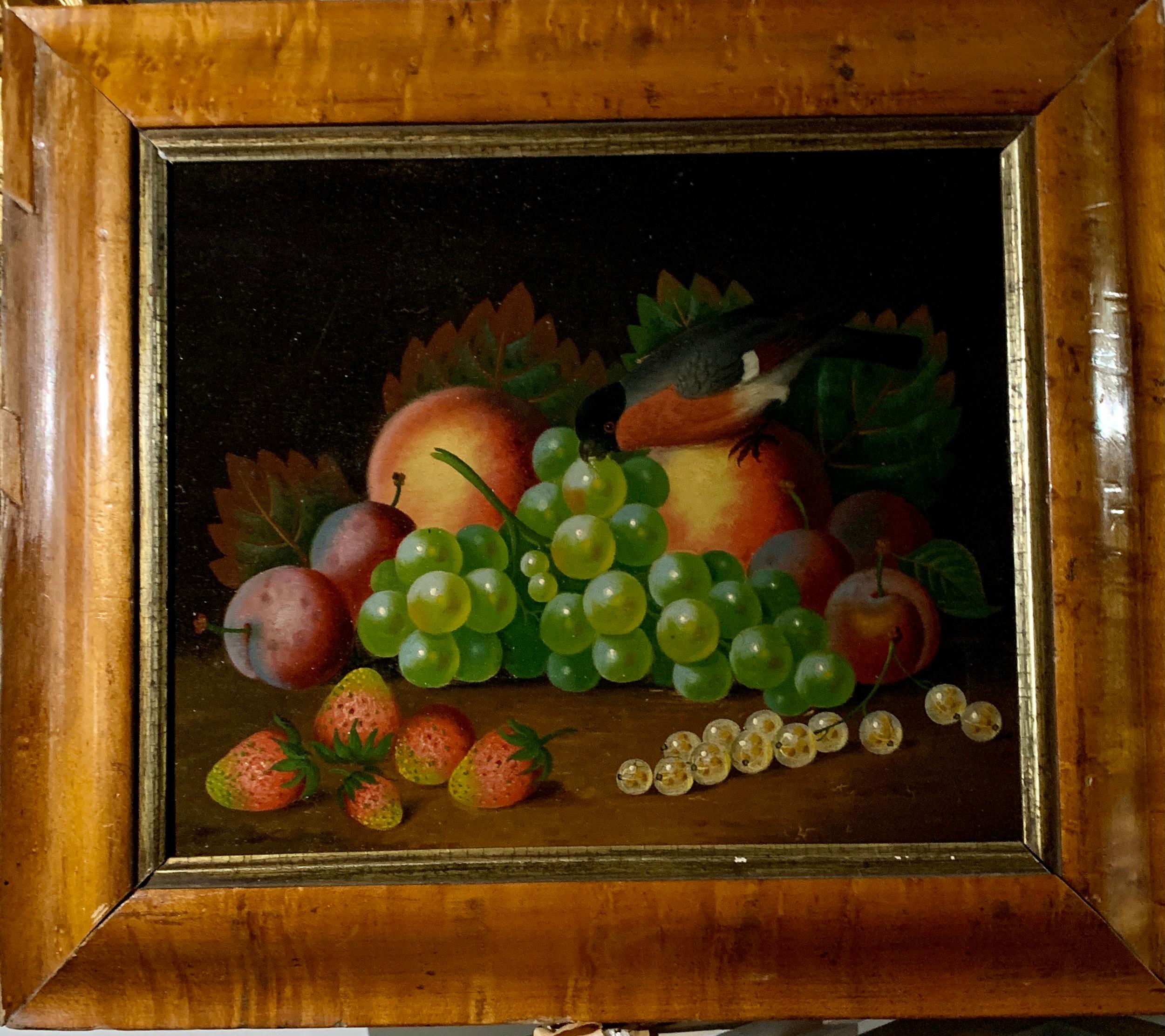 Early 19th century English still life of fruit and a chaffinch bird on a table. - Painting by Unknown