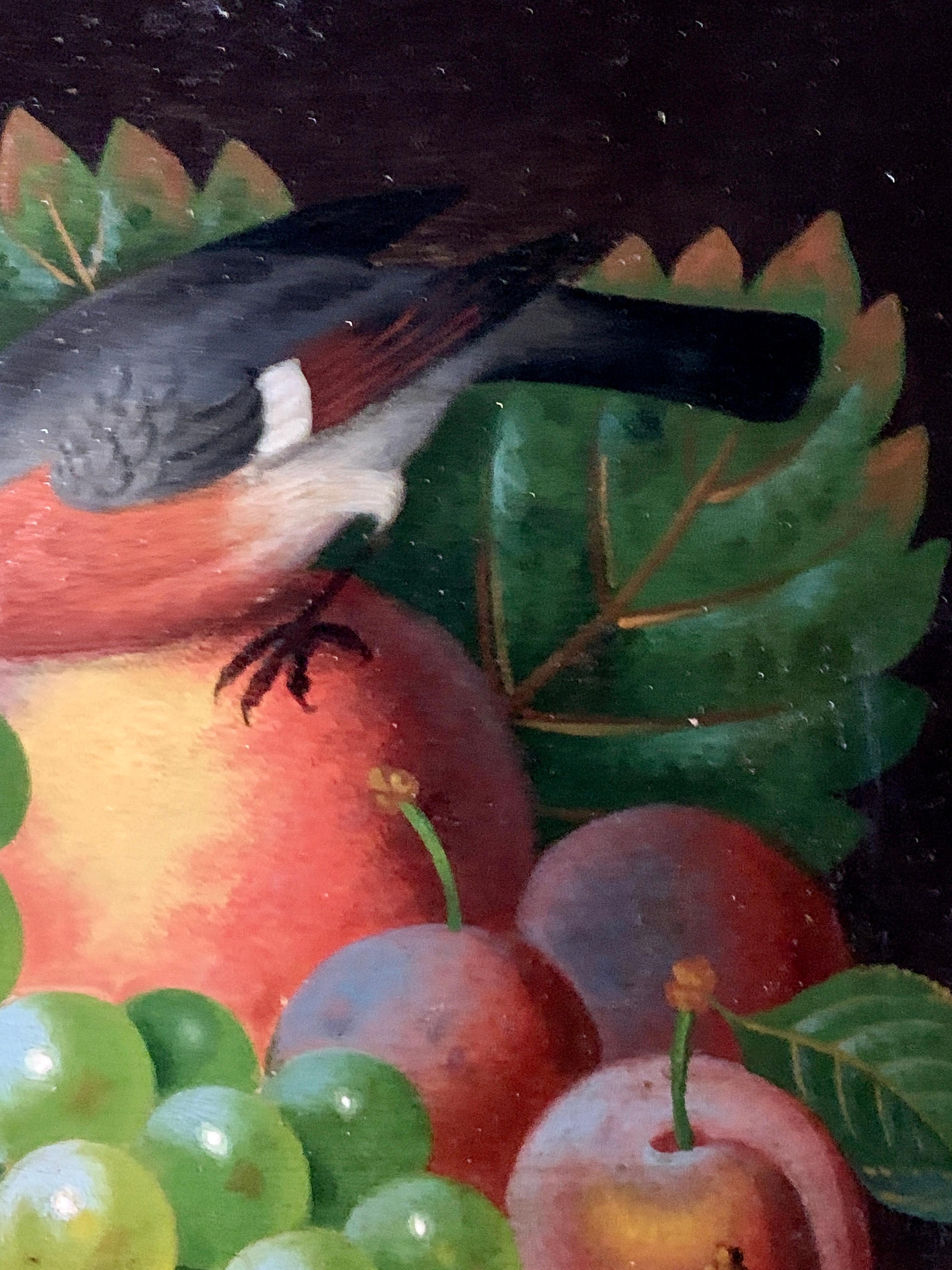 Early 19th century English still life of fruit and a chaffinch bird on a table. 1