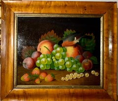 Antique Early 19th century English still life of fruit and a chaffinch bird on a table.