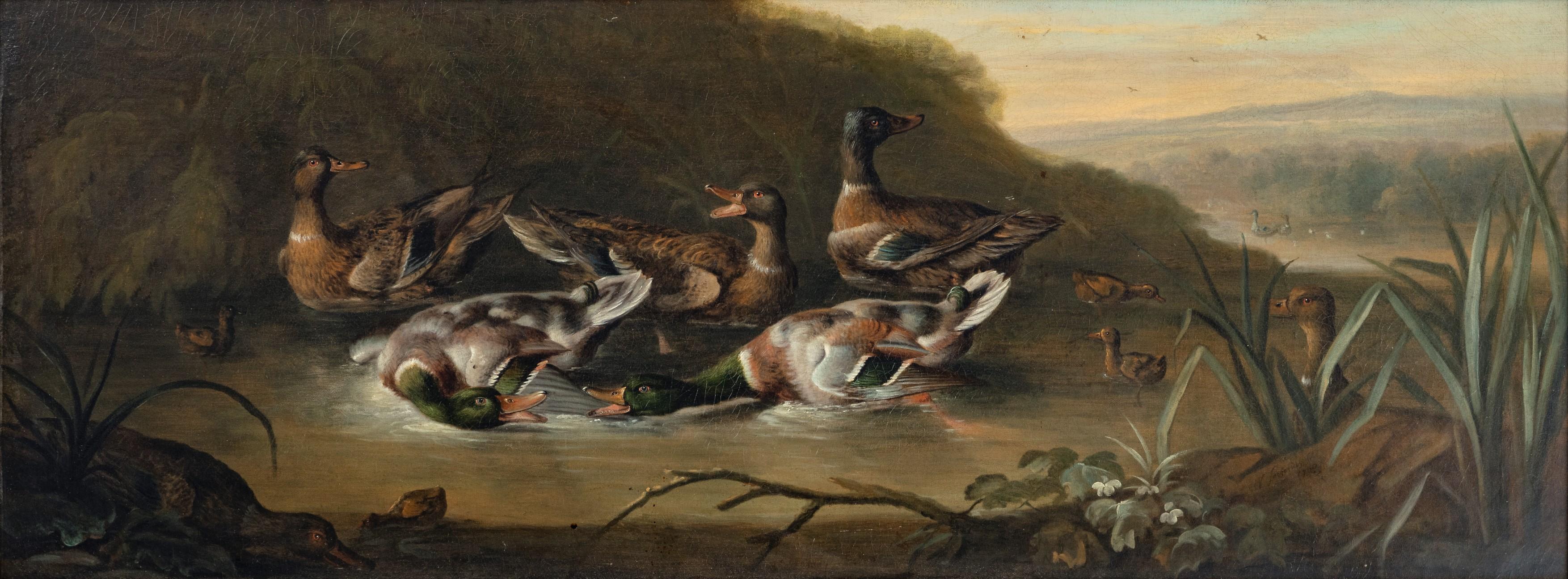 Mallard Drakes with Ducks and Ducklings in a Stream by Sartorius - Painting by George William Sartorius