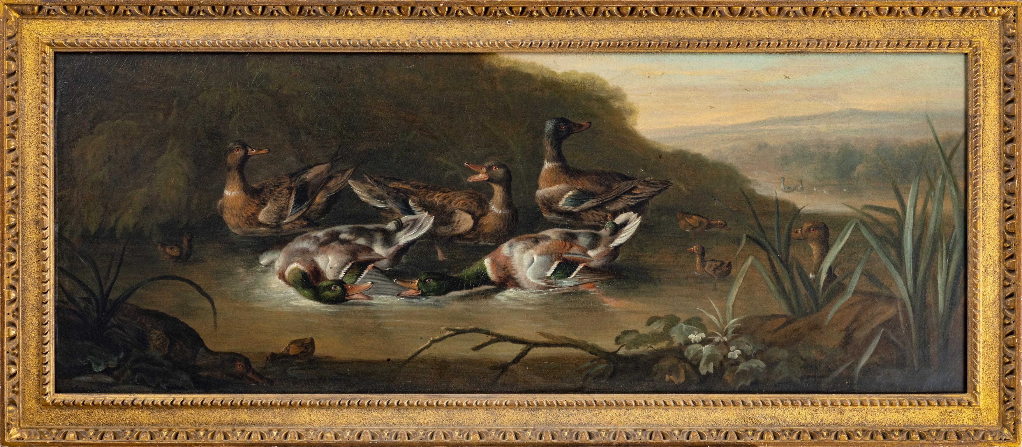 George William Sartorius Animal Painting - Mallard Drakes with Ducks and Ducklings in a Stream by Sartorius