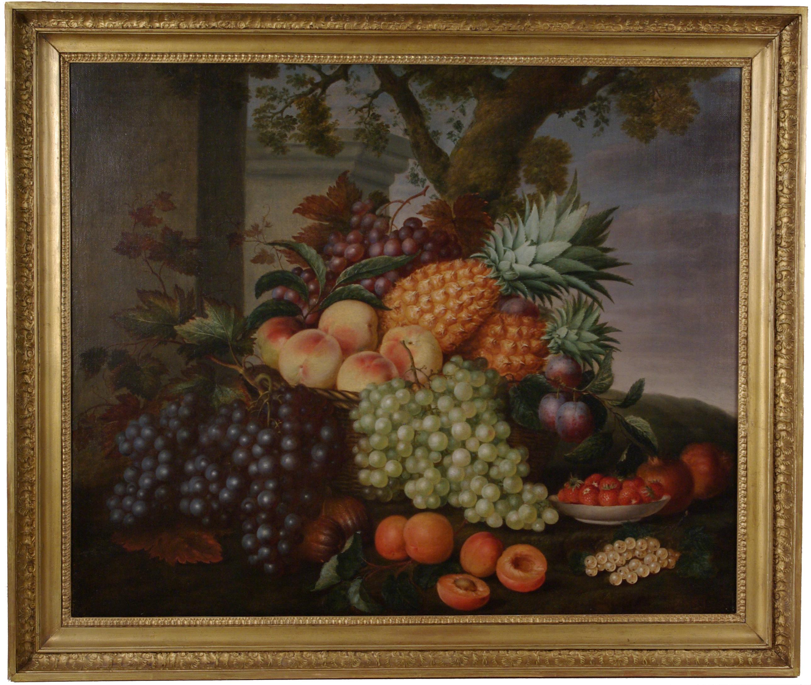 Stillleben mit Ananas, Blättern, Trauben, Pflaumen und anderen Früchten in einer Landschaft  – Painting von  George William Sartorius