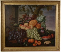Still life of pineapples, peaches, grapes, plums and other fruit in a landscape