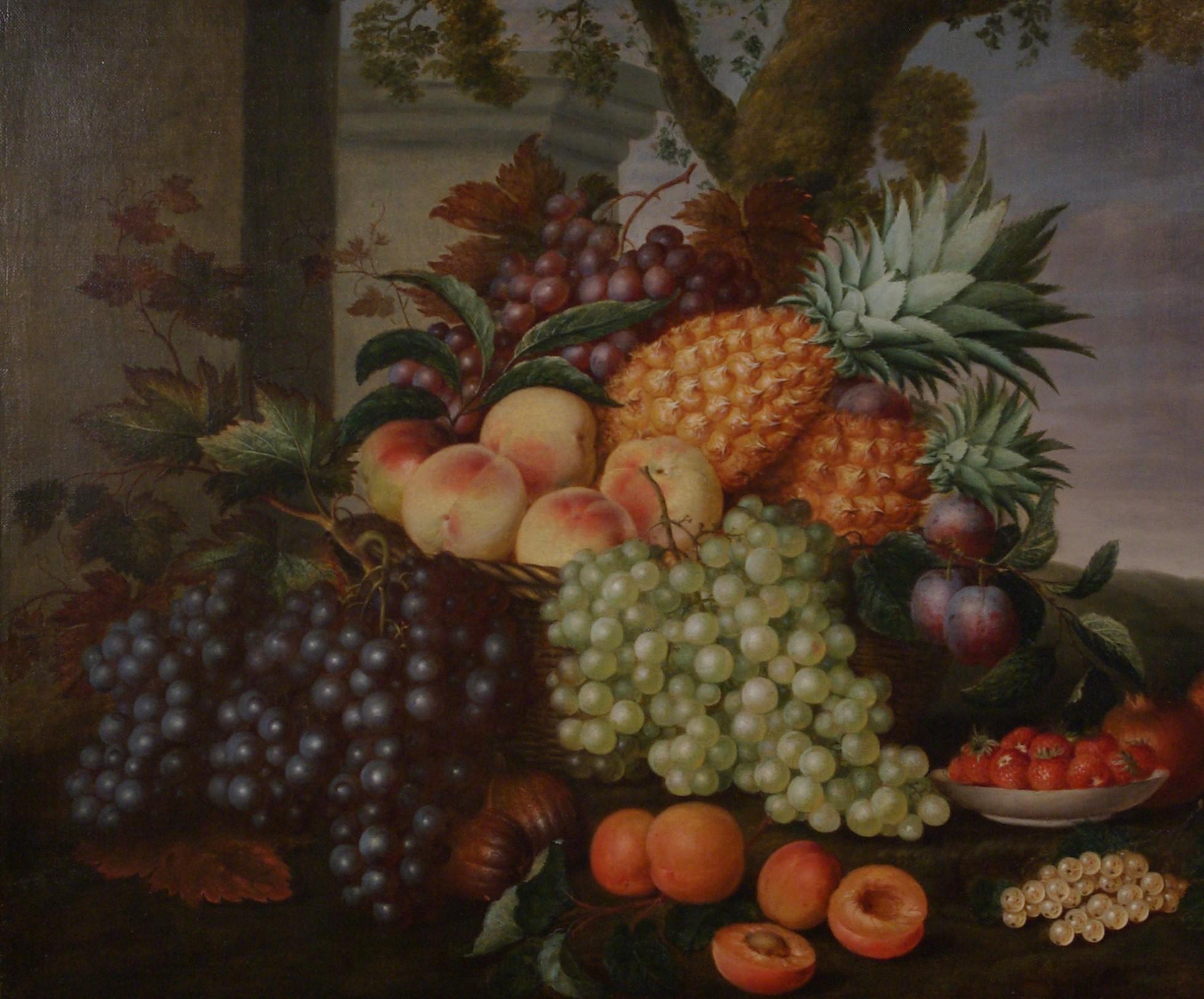 Stillleben mit Ananas, Blättern, Trauben, Pflaumen und anderen Früchten in einer Landschaft (Englische Schule), Painting, von  George William Sartorius