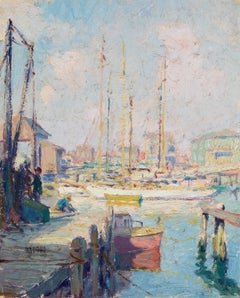 Sunny Harbor Oil Painting, American Impressionist, Mid-20th Century