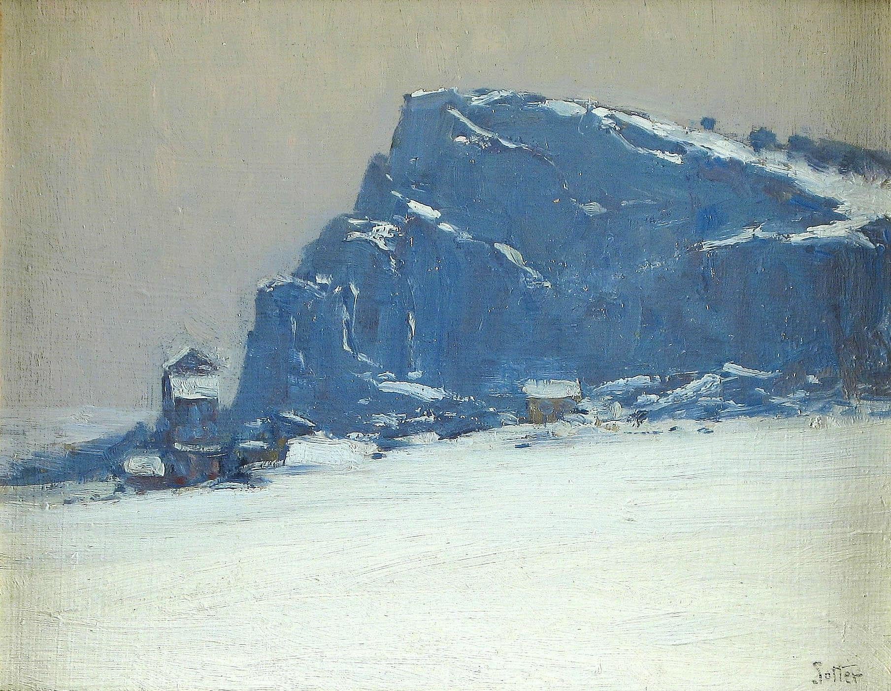 Impressionist snow scene, Winter Nocturne by George William Sotter (1879-1953, American)

George William Sotter (1879-1953)
Winter Nocturne
Oil on board
7 x 9 inches
Signed lower right

Unwarmed by any sunset light / The gray day darkened into