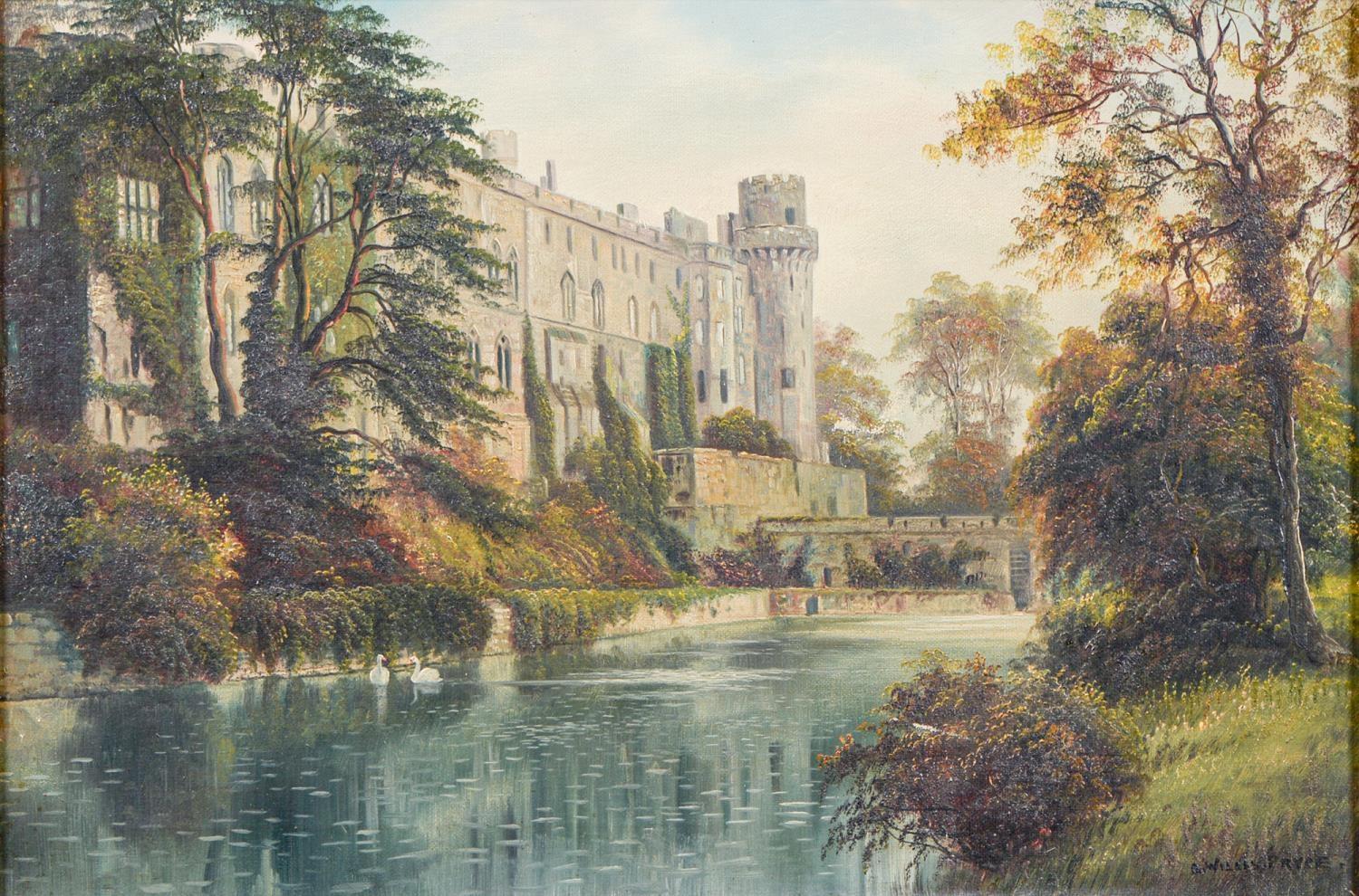 Warwick castle and river avon, oil by George Willis Pryce - Painting by George Willis  Pryce