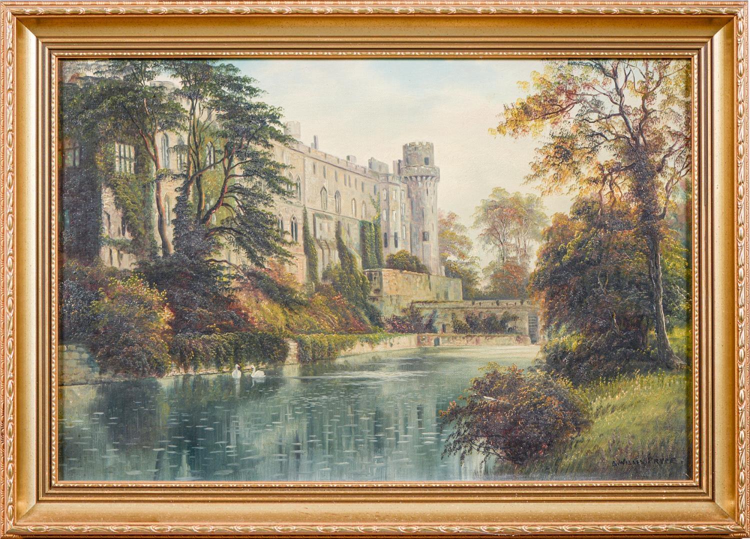Warwick castle and river avon, oil by George Willis Pryce - English School Painting by George Willis  Pryce