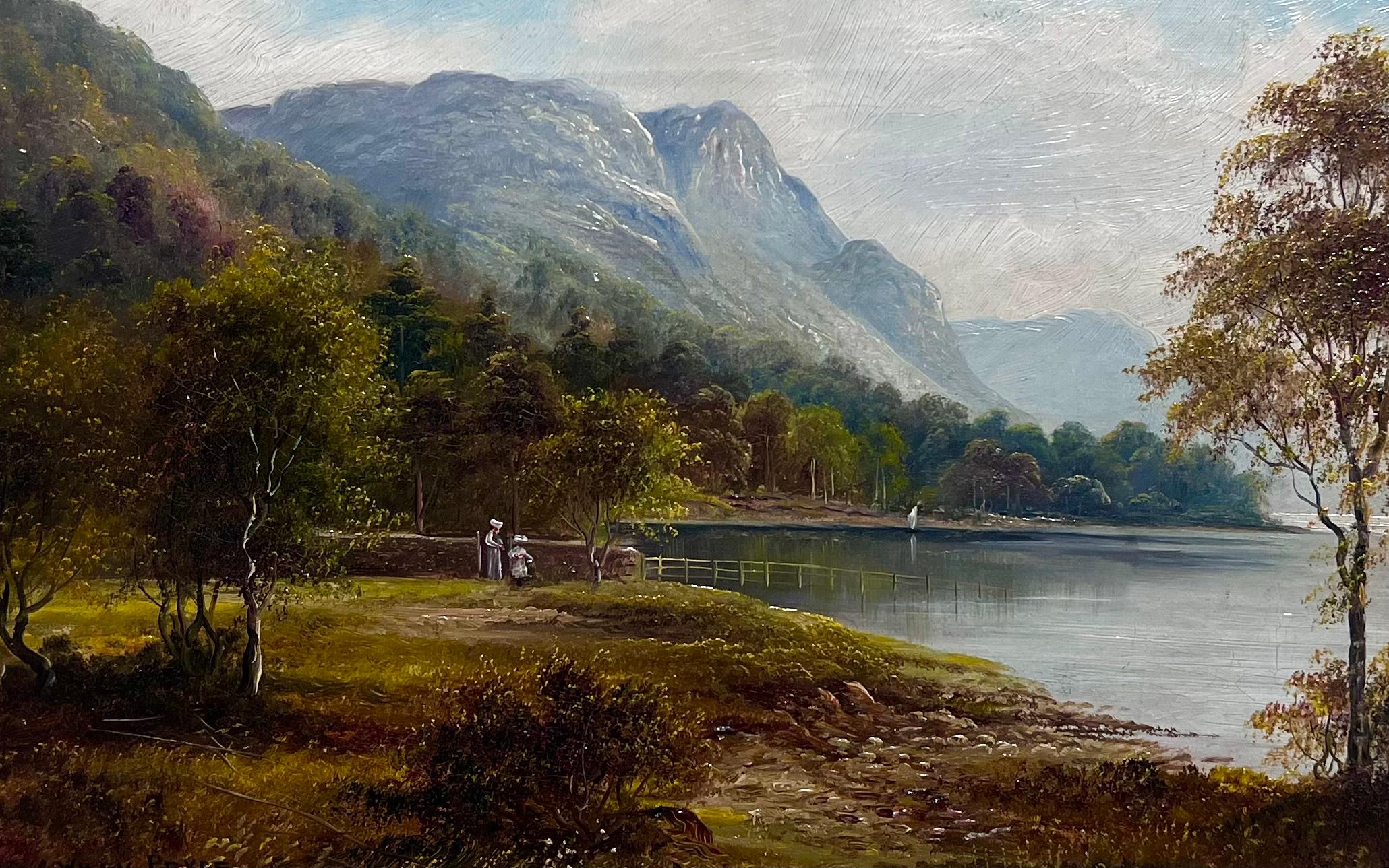 Feines antikes englisches Ölgemälde Figuren bewundern den englischen Lake District – Painting von George Willis Pryce