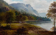 Fine Antique English Oil Painting Figures Admiring the English Lake District