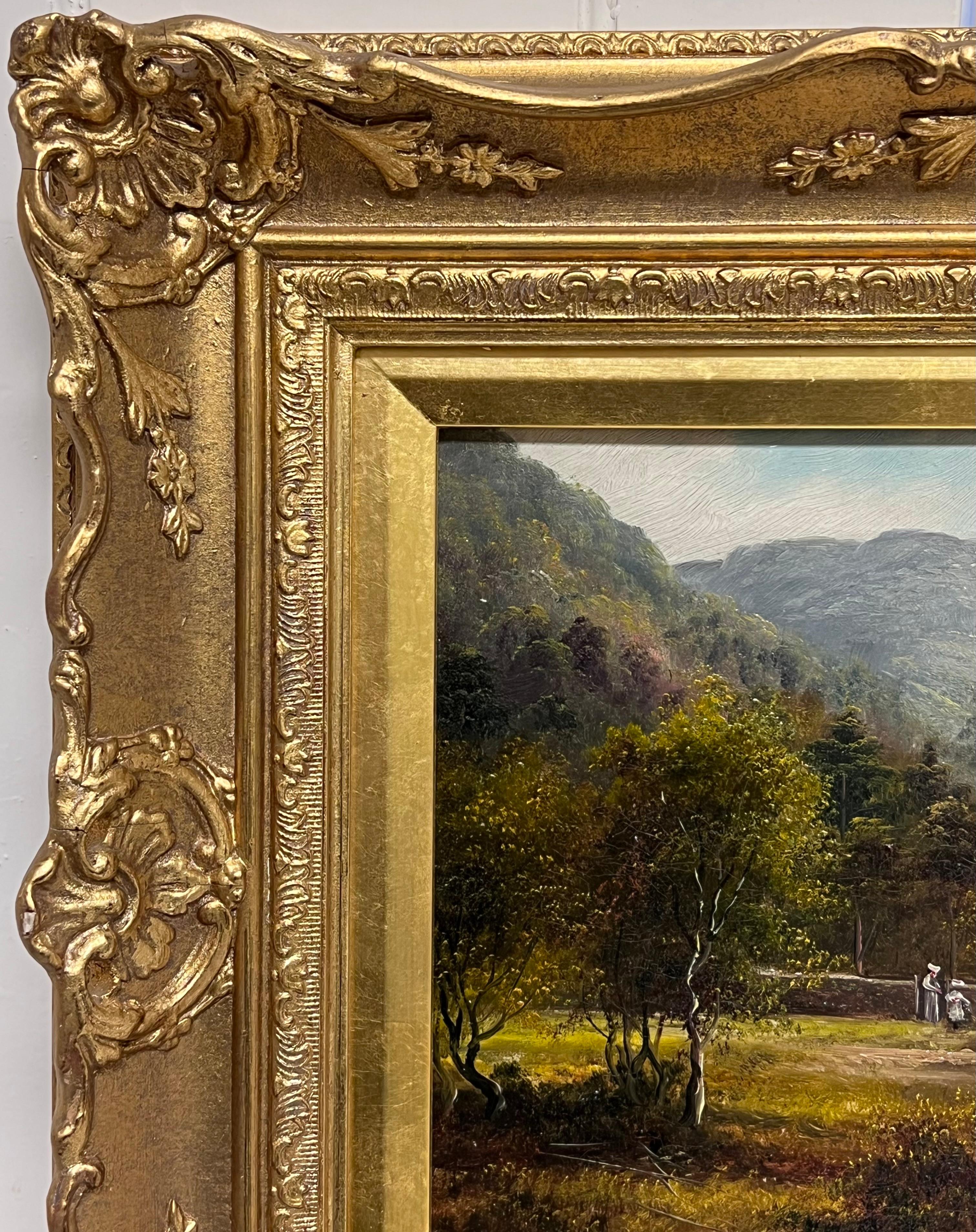 Feines antikes englisches Ölgemälde Figuren bewundern den englischen Lake District (Braun), Landscape Painting, von George Willis Pryce