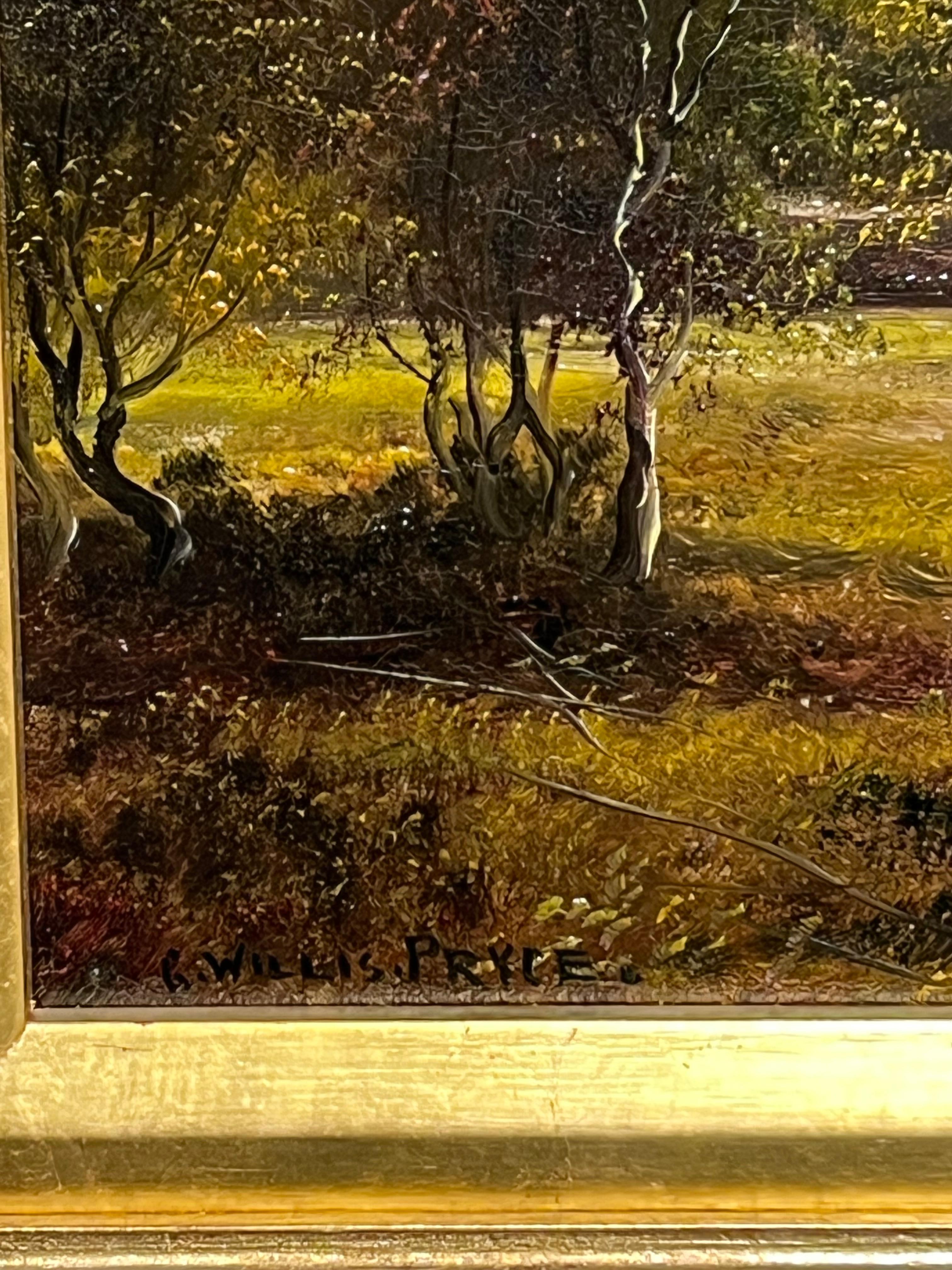 Die Aussicht bewundern (höchstwahrscheinlich der englische Lake District)
von George Willis Pryce (Brite, 1866-1949) *siehe Anmerkungen unten
signiertes Öl auf Leinwand, gerahmt
Gerahmt: 13,5 x 17,5 Zoll
Leinwand : 8,5 x 12 Zoll
Provenienz: