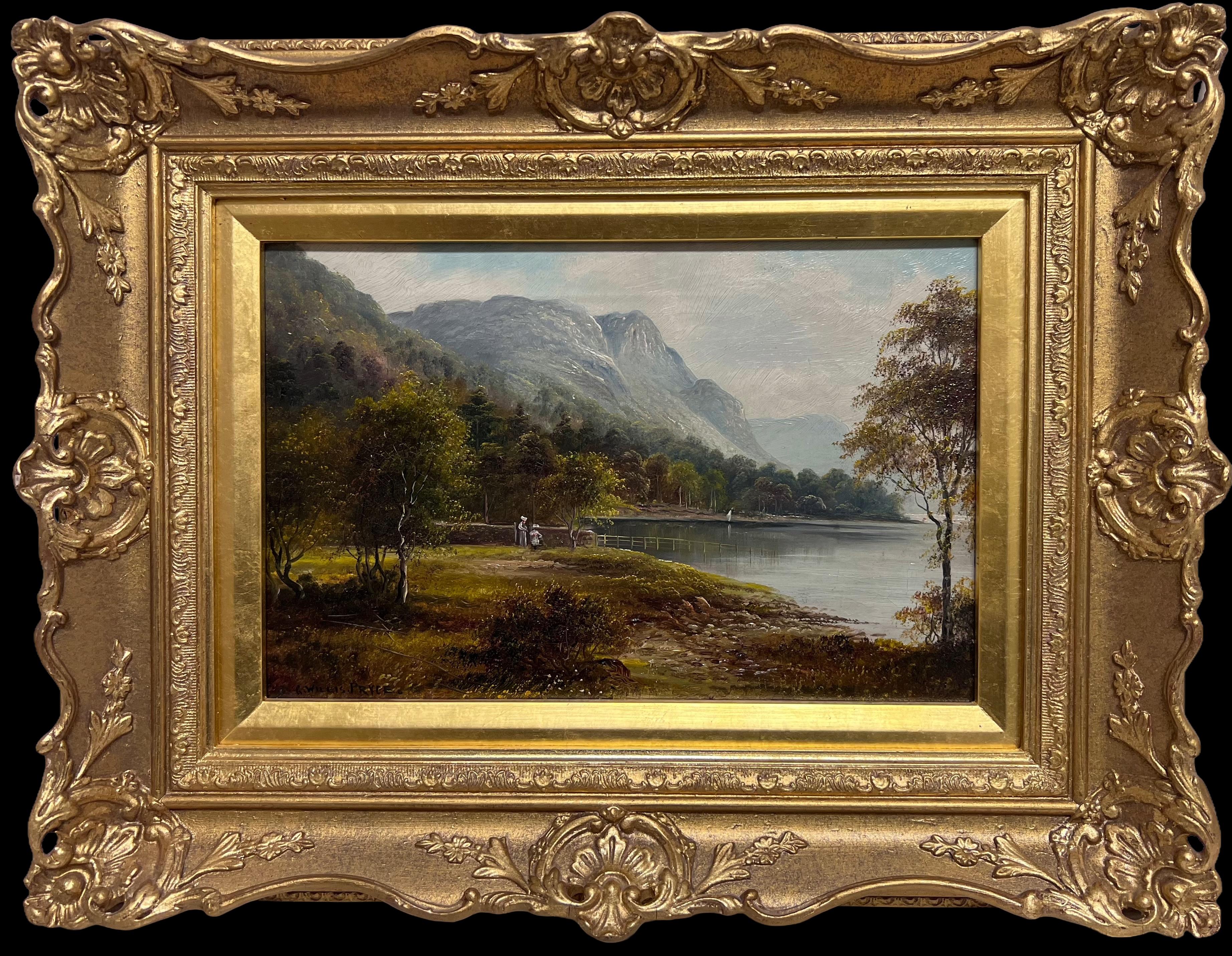 George Willis Pryce Landscape Painting – Feines antikes englisches Ölgemälde Figuren bewundern den englischen Lake District