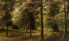 Antique English Signed Oil Painting Figure Walking in Woodland, Swept Gilt Frame