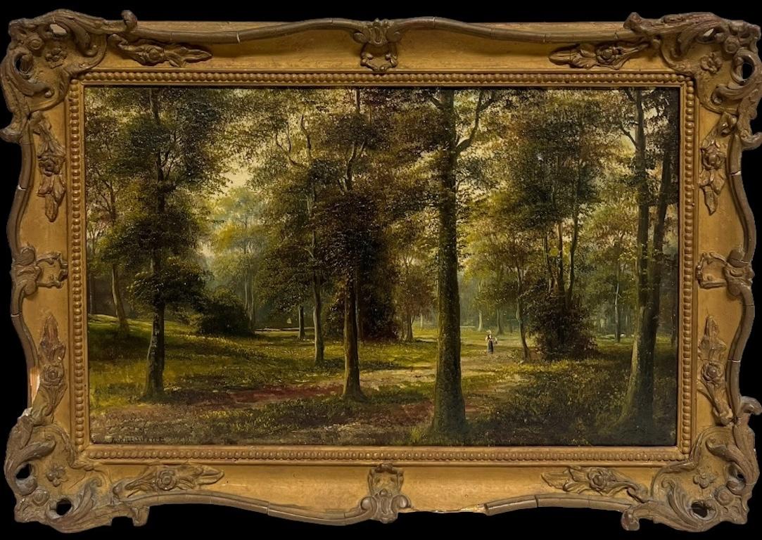 Antique English Signed Oil Painting Figure Walking in Woodland, Swept Gilt Frame