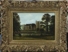Stokesay Castle, Shropshire with pond and trees Victorian Landscape Oil Painting