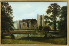 Stokesay Castle, Shropshire, viktorianische Landschaft, Ölgemälde mit Teich und Bäumen