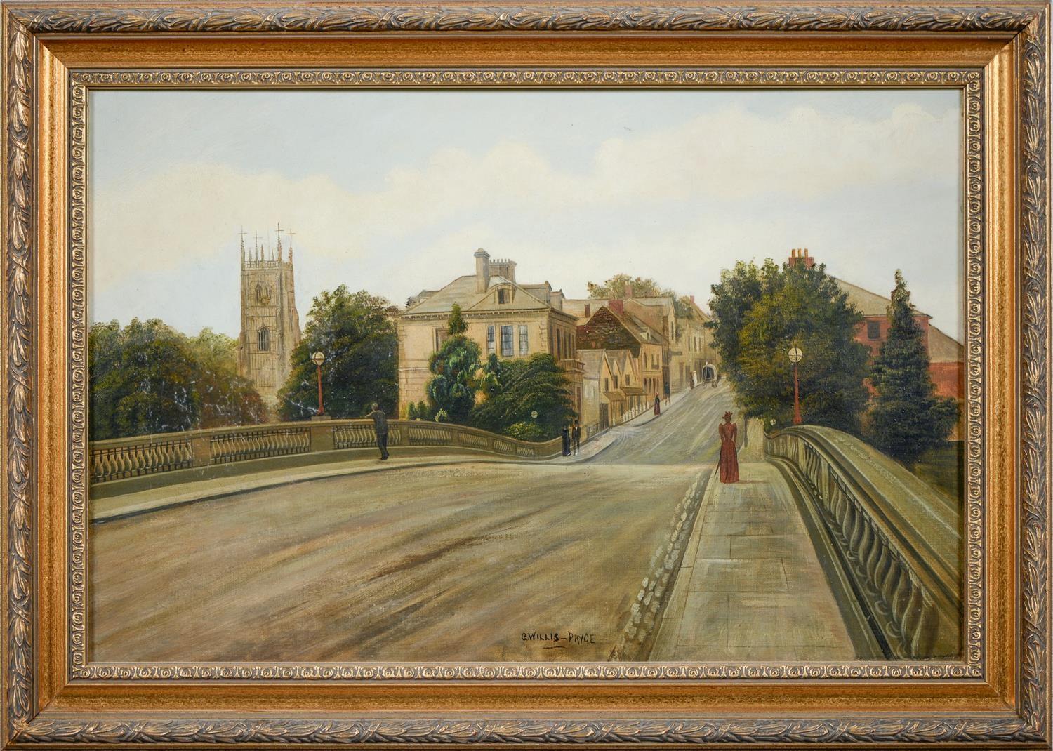 workman bridge over the river avon  in Evesham worcestershire.
  Workman Bridge was erected in 1856 to replace a medieval bridge. It was named after Henry Workman, long-time mayor of Evesham.
oil on canvas by George Willis Pryce, dating late 19th