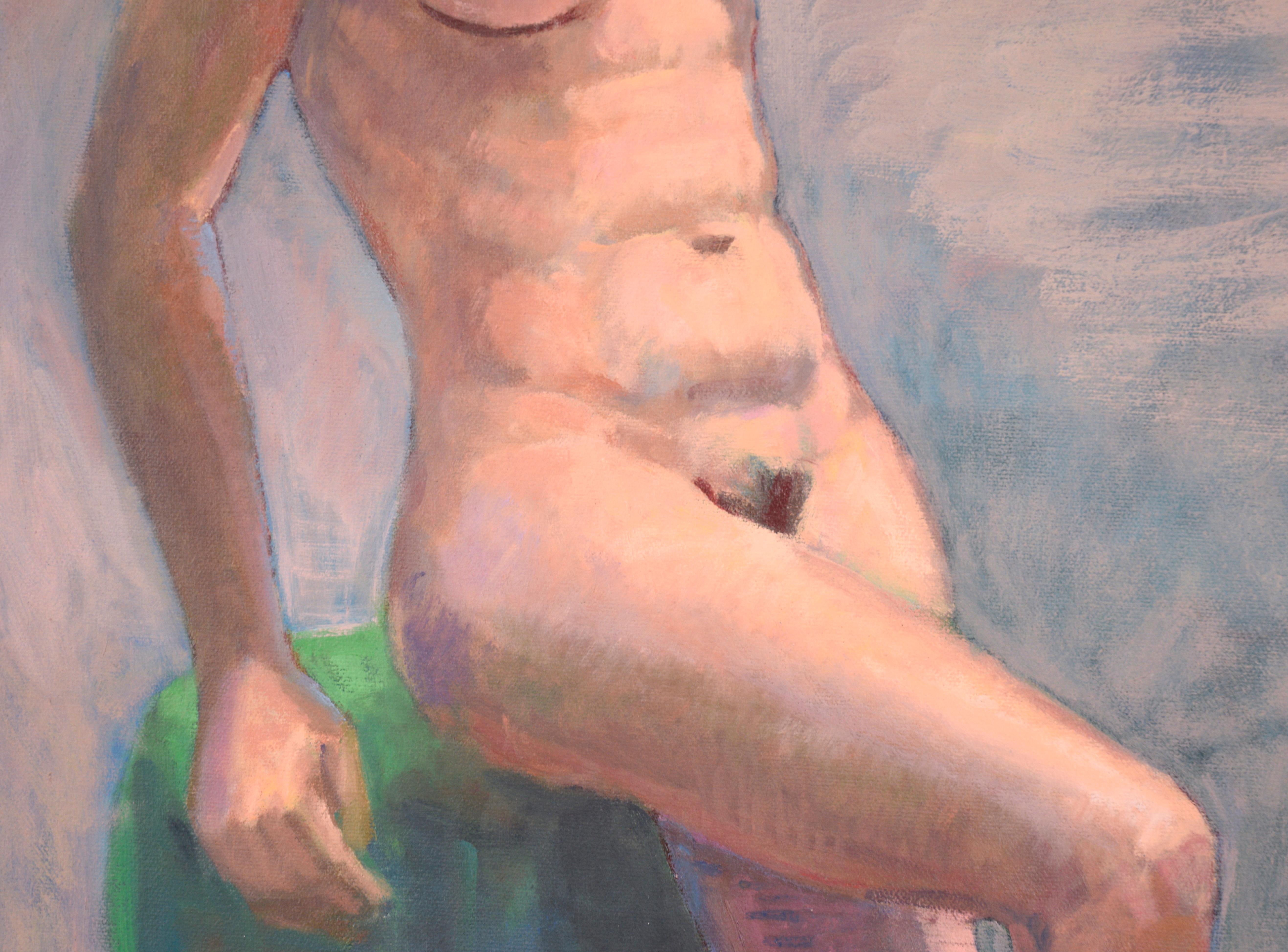 Magnifique peinture impressionniste moderne d'une femme nue par l'artiste de la baie George Wishon (américain, né au 20e siècle). Le contraste entre les couleurs chaudes et froides ajoute une belle vivacité à la composition.

Signé 