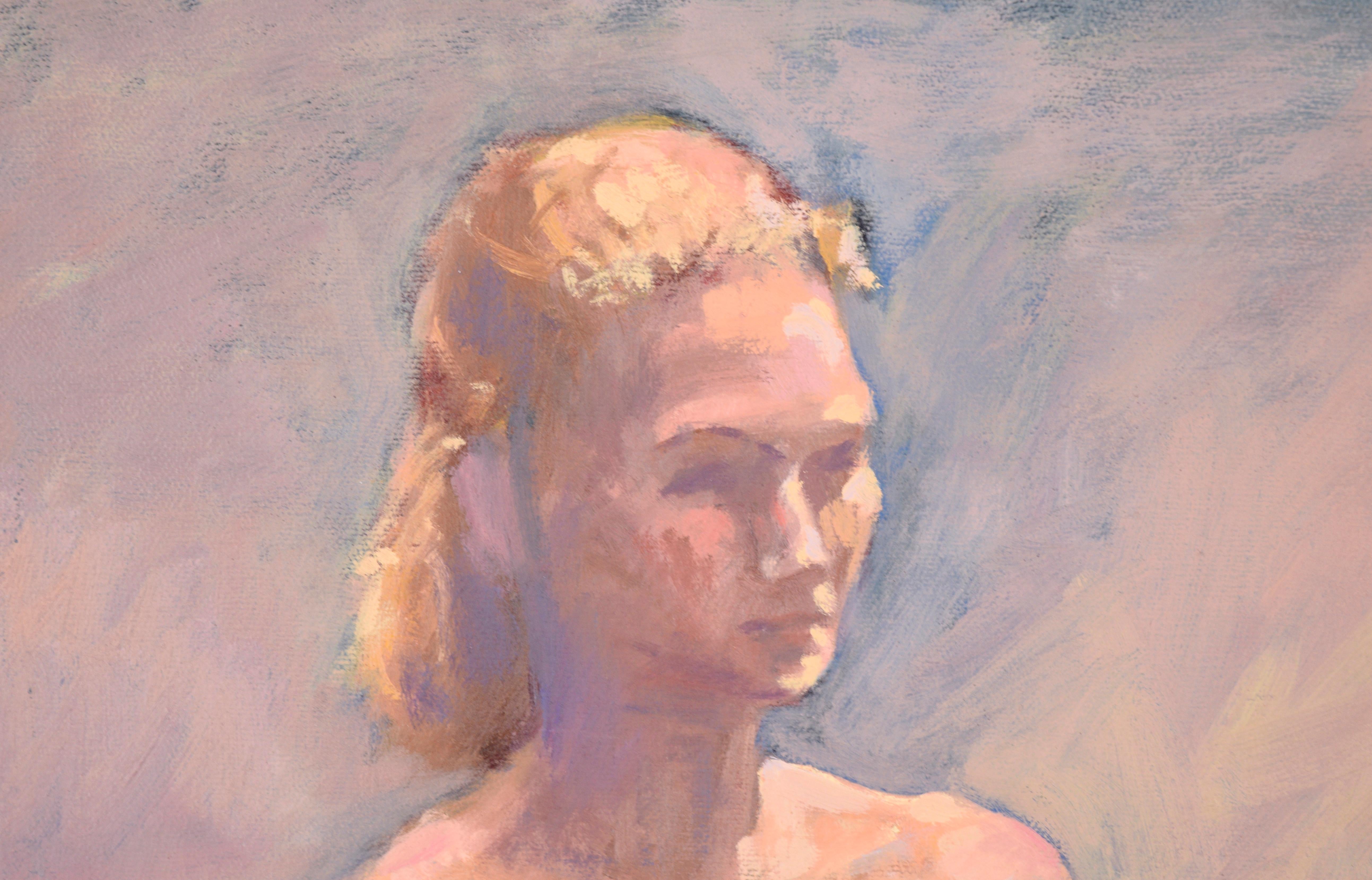 Nudo biondo appoggiato su uno sgabello in olio su tela - Painting di George Wishon