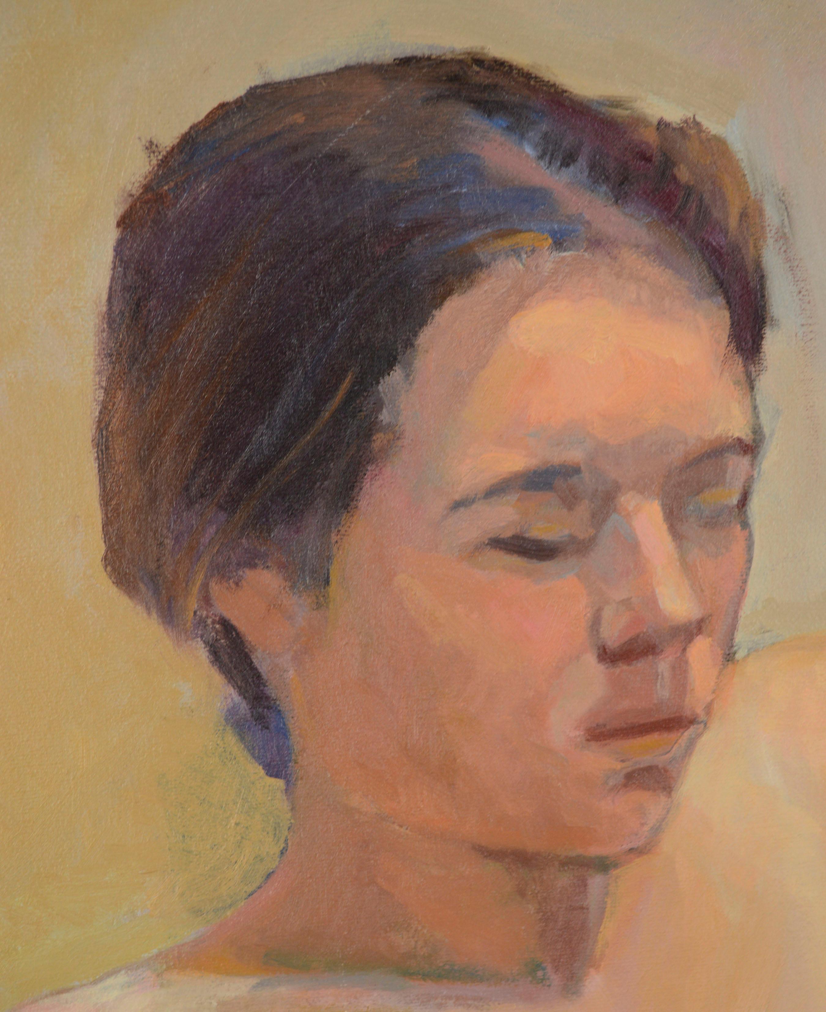 Magnifique peinture impressionniste moderne d'une femme nue assise par George Wishon (américain, né au 20e siècle). Le fond bicolore bleu clair et beige neutre donnent à cette pièce figurative une esthétique douce et raffinée. 

Signé « Wishon » en